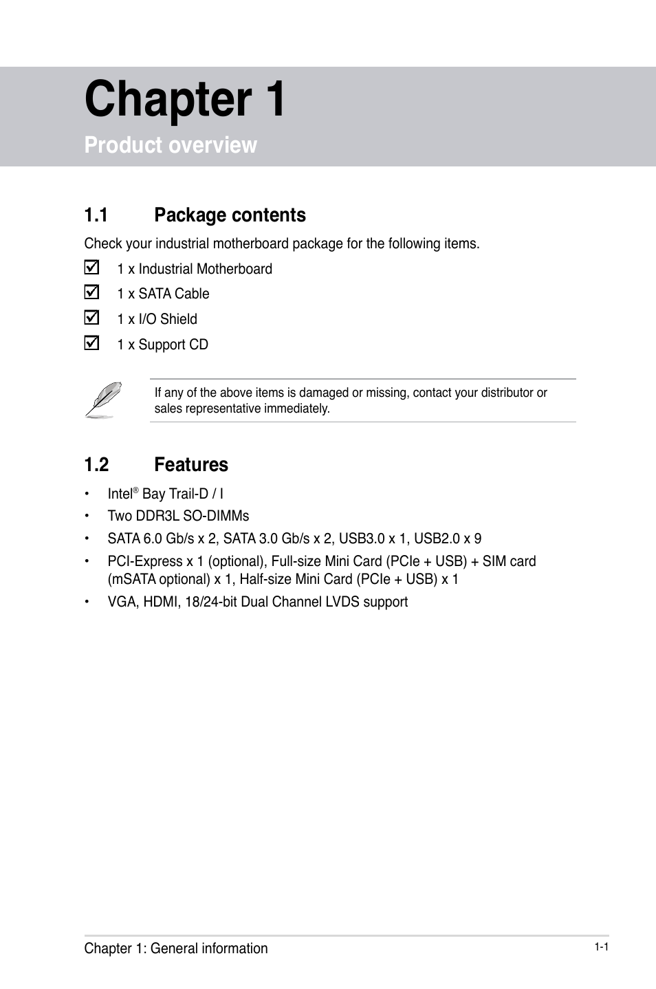 Chapter 1, Product overview, 1 package contents | 2 features, Package contents -1, Features -1 | AAEON EMB-BT1 User Manual | Page 5 / 58