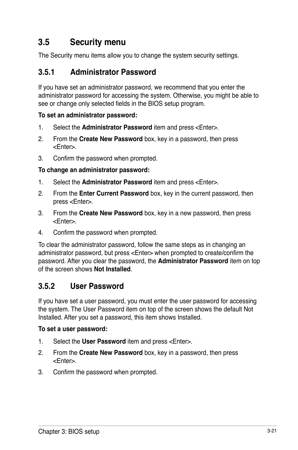 5 security menu, 1 administrator password, 2 user password | Security menu -21 3.5.1, Administrator password -21, User password -21 | AAEON EMB-BT1 User Manual | Page 53 / 58