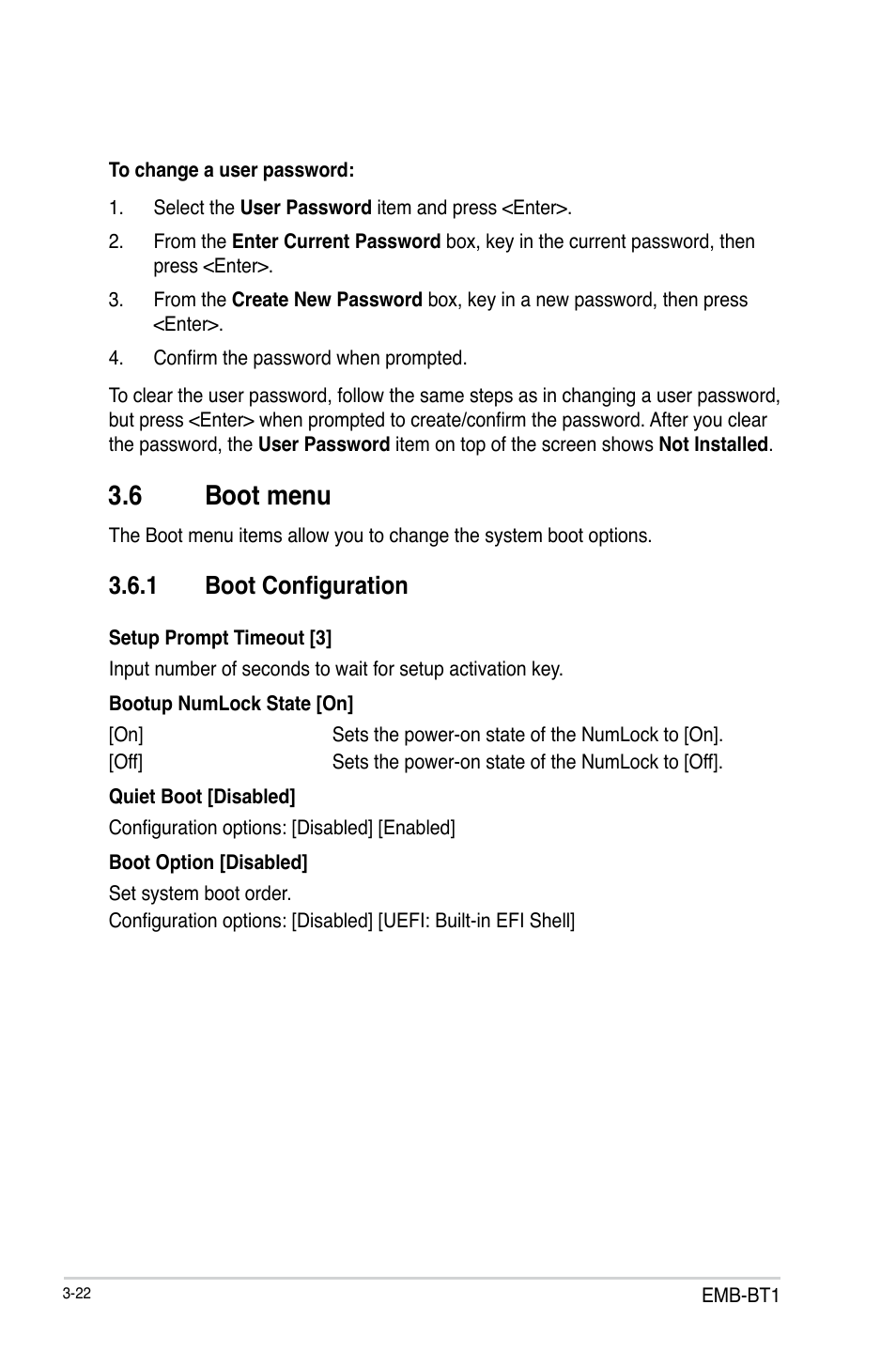 6 boot menu, 1 boot configuration, Boot menu -22 3.6.1 | Boot configuration -22 | AAEON EMB-BT1 User Manual | Page 54 / 58