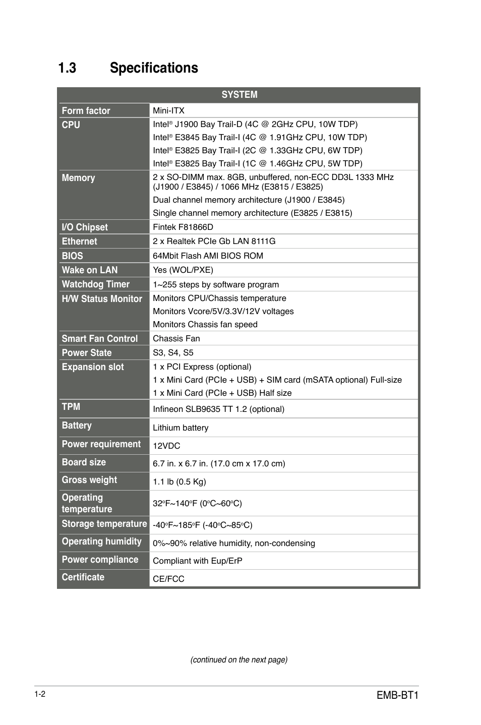 3 specifications, Specifications -2, Emb-bt1 | AAEON EMB-BT1 User Manual | Page 6 / 58