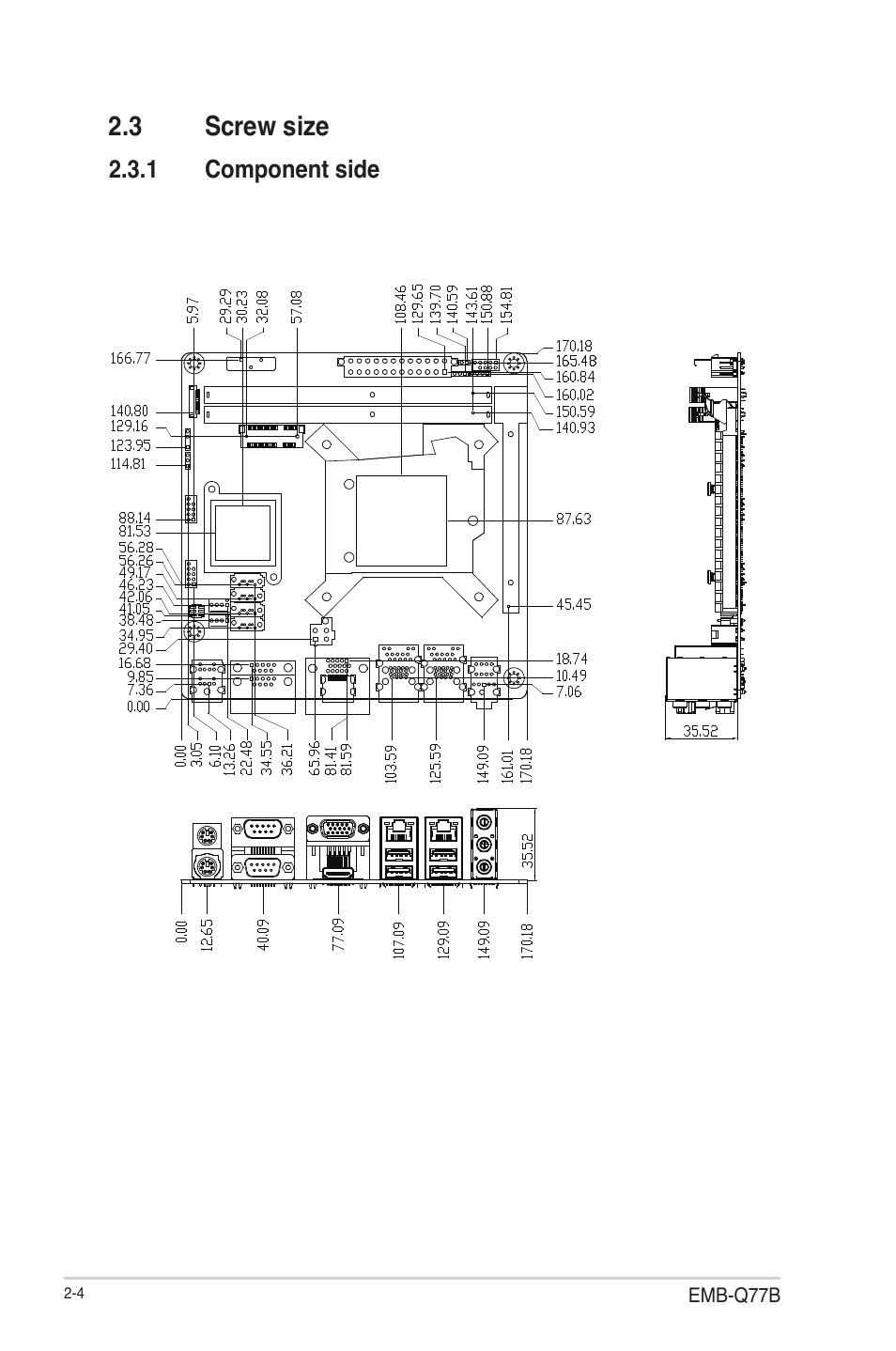 3 screw size, 1 component side, Screw size -4 2.3.1 | Component side -4 | AAEON EMB-Q77B User Manual | Page 12 / 44