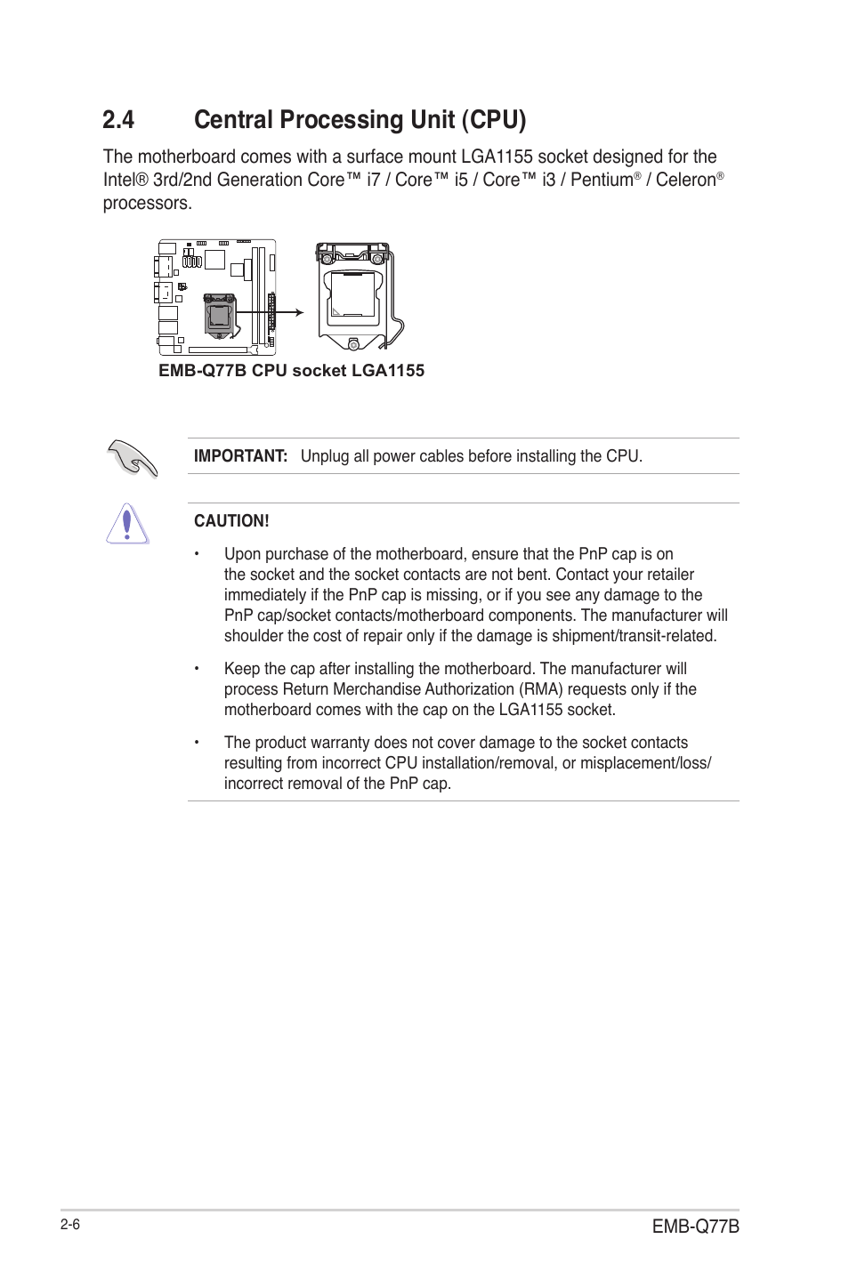 4 central processing unit (cpu), Central processing unit (cpu) -6 | AAEON EMB-Q77B User Manual | Page 14 / 44