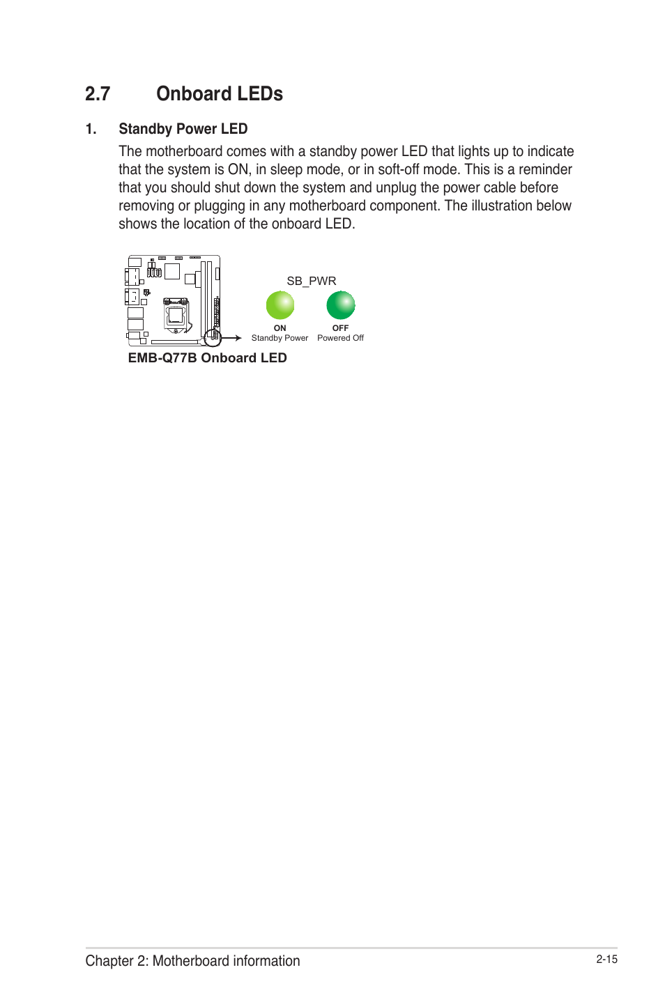 7 onboard leds, Onboard leds -15 | AAEON EMB-Q77B User Manual | Page 23 / 44