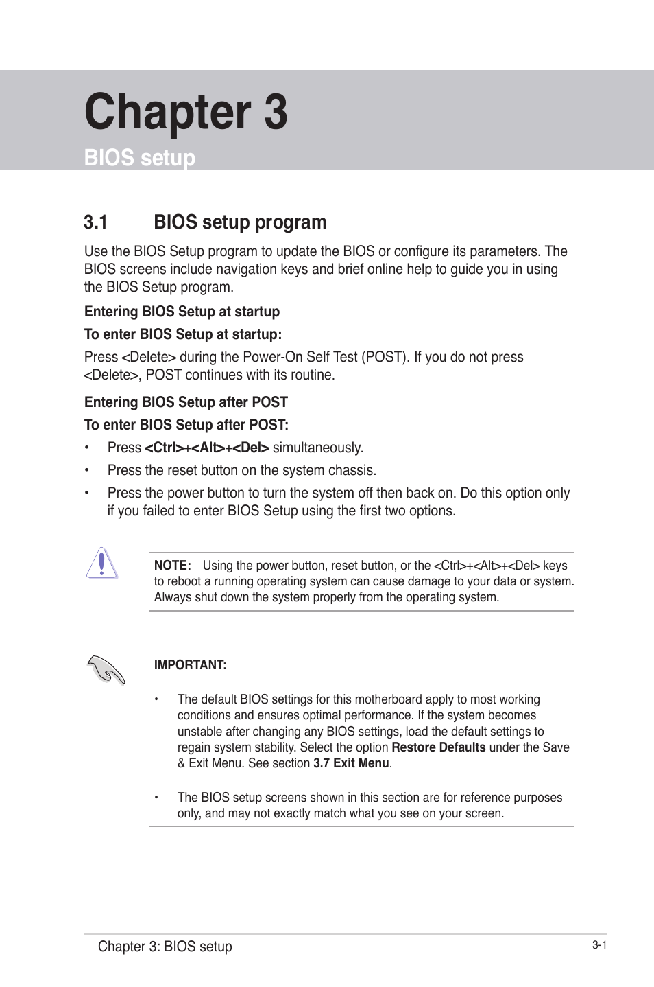 Chapter 3: bios setup, 1 bios setup program, Chapter 3 | Bios setup, Bios setup program -1 | AAEON EMB-Q77B User Manual | Page 31 / 44