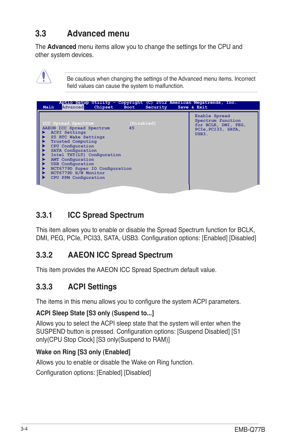3 advanced menu, 1 icc spread spectrum, 2 aaeon icc spread spectrum | 3 acpi settings, Advanced menu -4 3.3.1, Icc spread spectrum -4, Aaeon icc spread spectrum -4, Acpi settings -4 | AAEON EMB-Q77B User Manual | Page 34 / 44