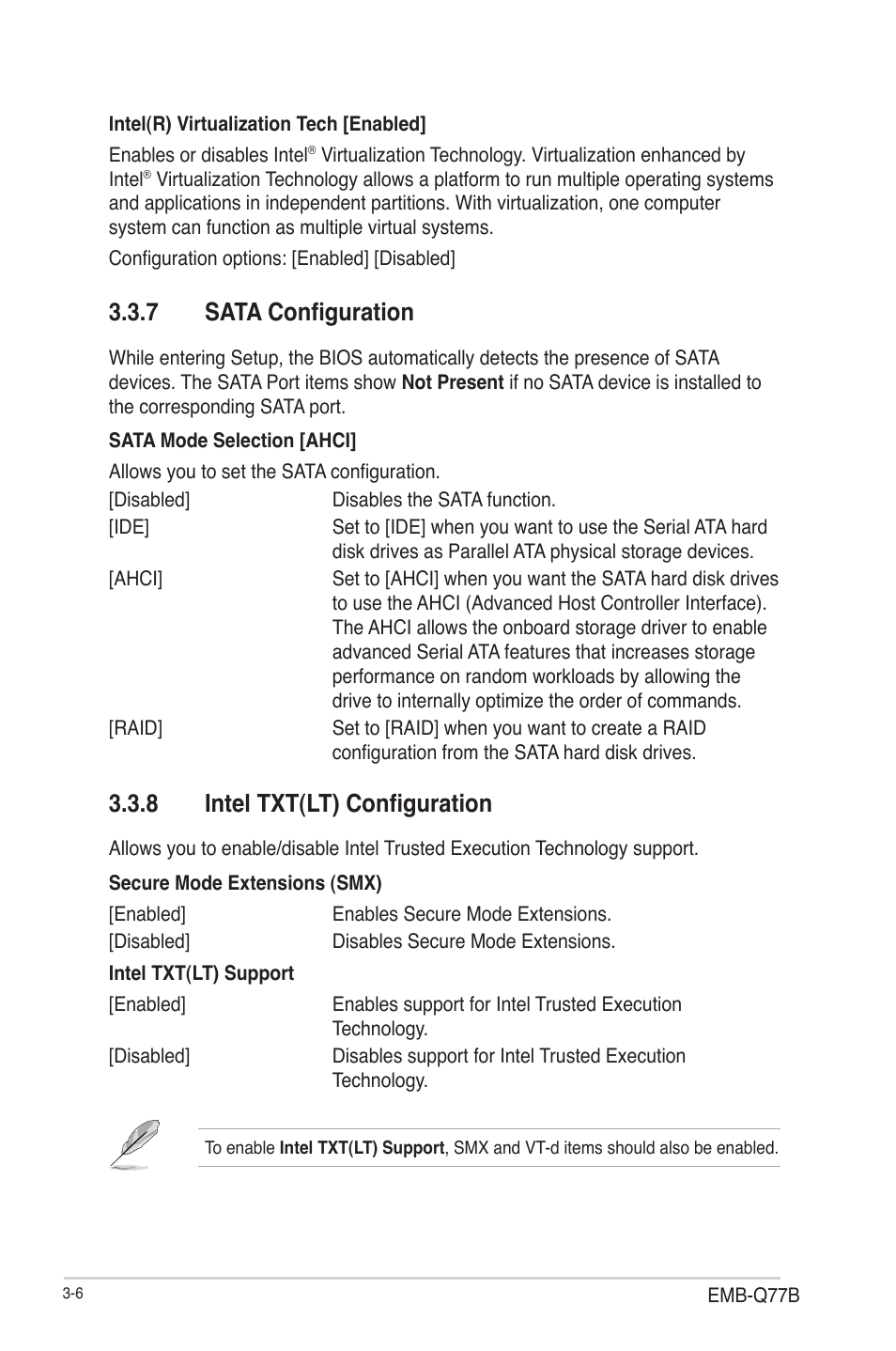 7 sata configuration, 8 intel txt(lt) configuration, Sata configuration -6 | Intel txt(lt) configuration -6 | AAEON EMB-Q77B User Manual | Page 36 / 44