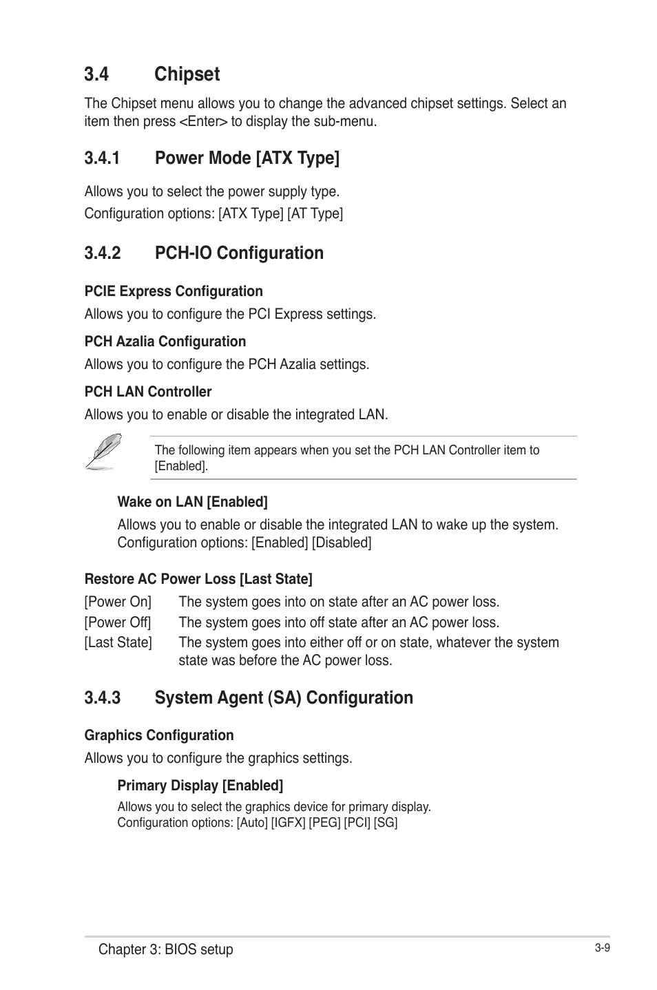 4 chipset, 1 power mode [atx type, 2 pch-io configuration | 3 system agent (sa) configuration, Chipset -9 3.4.1, Power mode [atx type] -9, Pch-io configuration -9, System agent (sa) configuration -9 | AAEON EMB-Q77B User Manual | Page 39 / 44