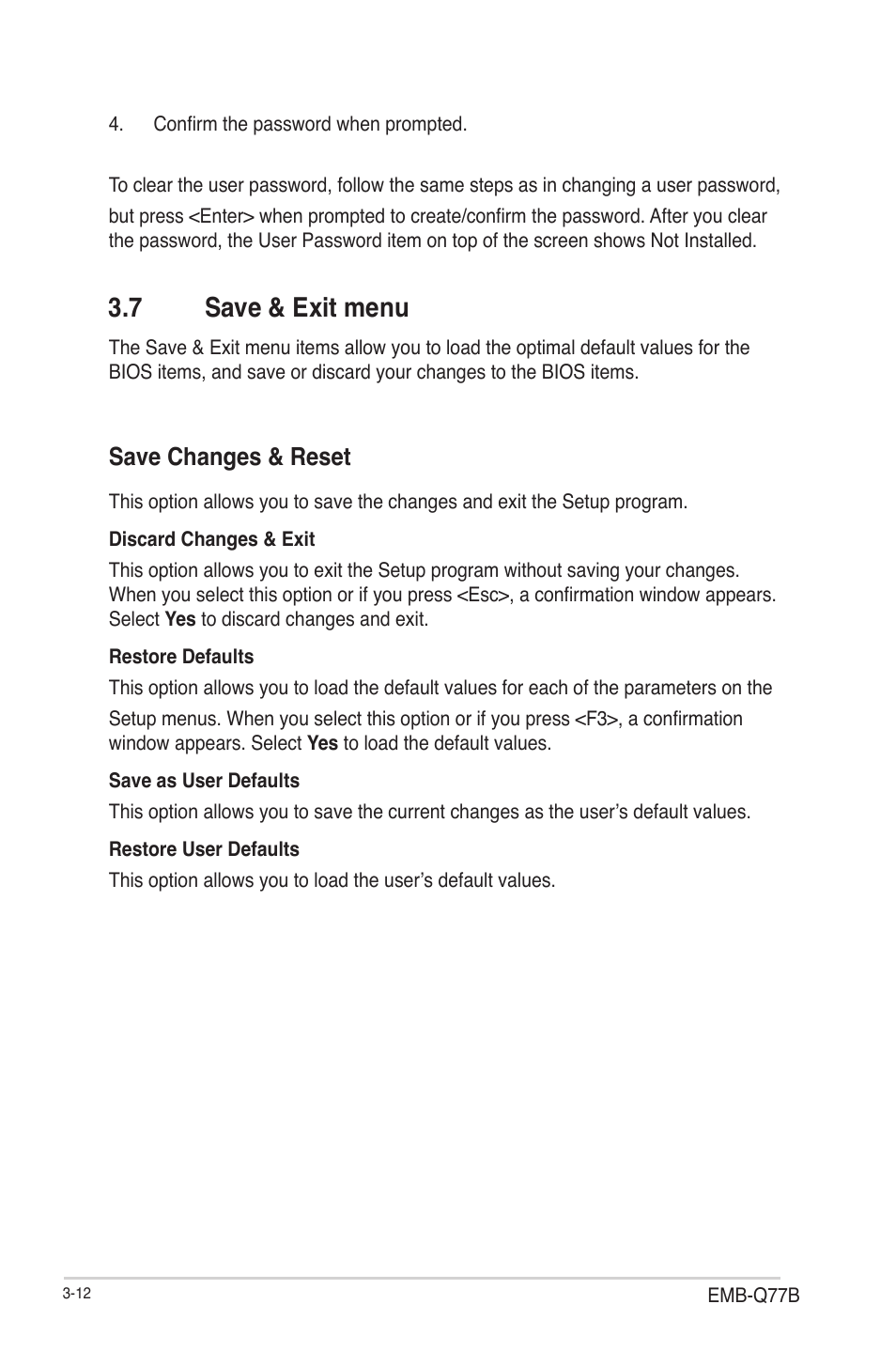 7 save & exit menu, Save changes & reset, Save & exit menu -12 save changes & reset -12 | AAEON EMB-Q77B User Manual | Page 42 / 44