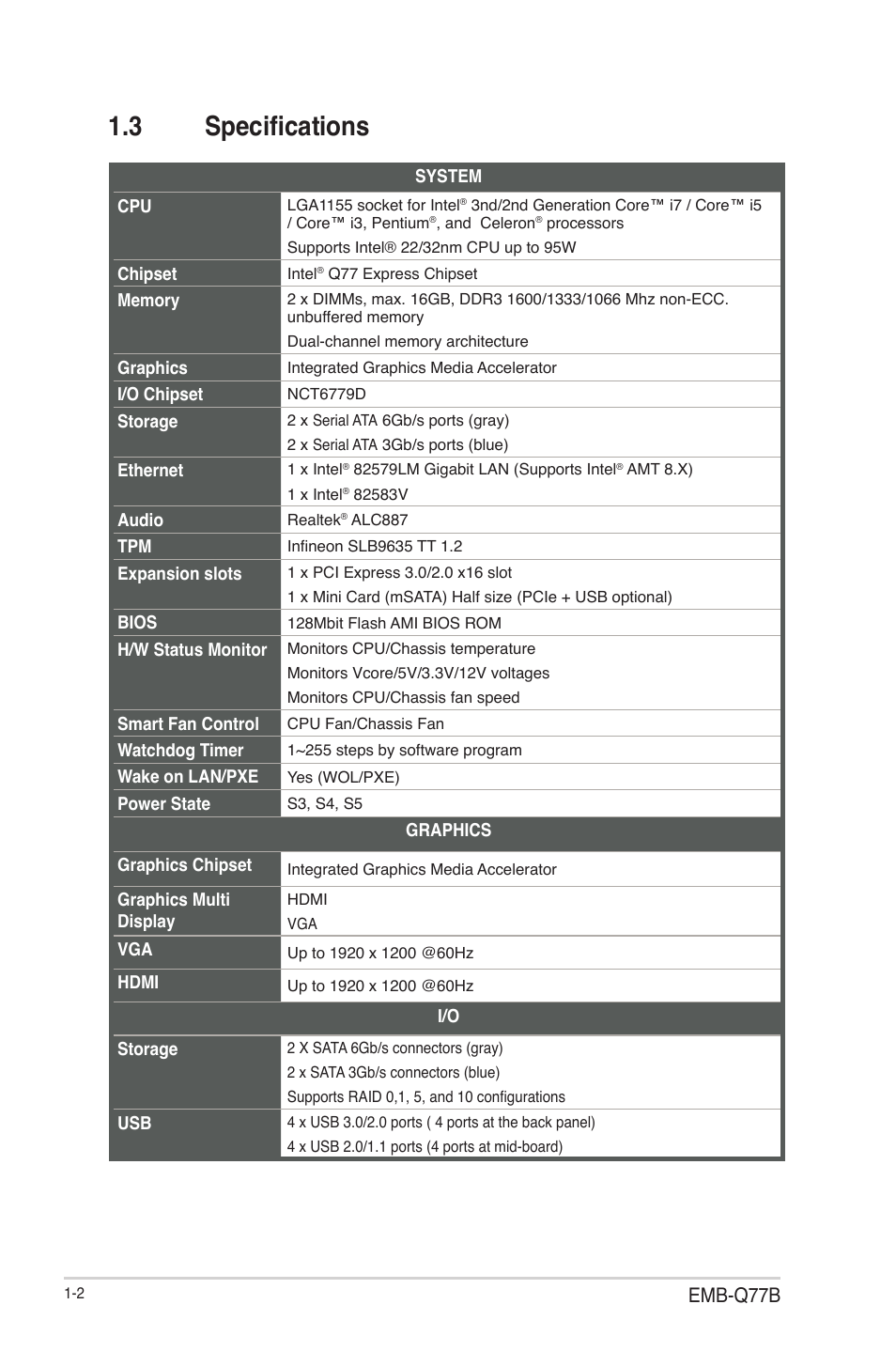 3 specifications, Specifications -2, Emb-q77b | AAEON EMB-Q77B User Manual | Page 6 / 44