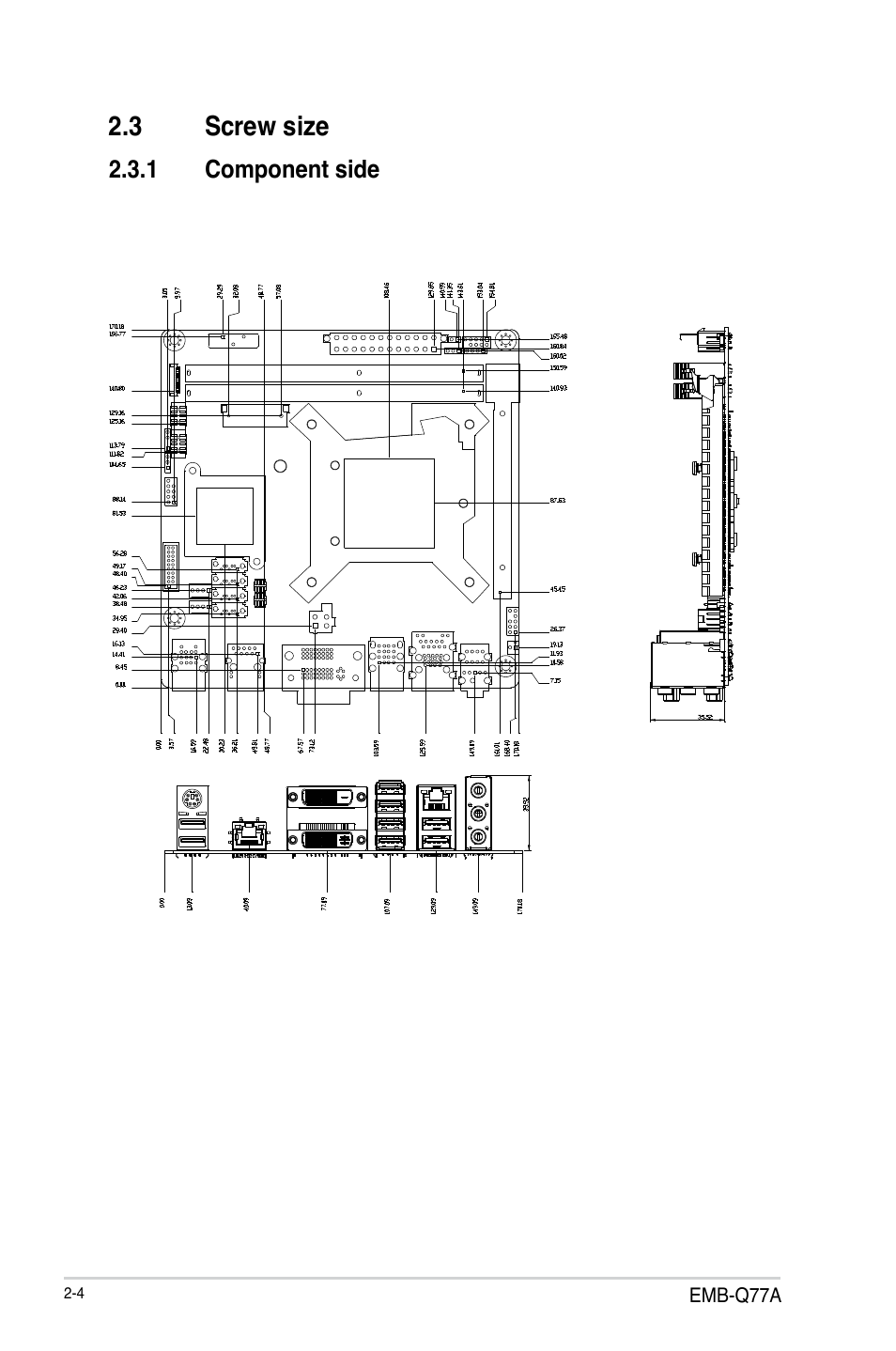 3 screw size, 1 component side, Screw size -4 2.3.1 | Component side -4 | AAEON EMB-Q77A User Manual | Page 12 / 62