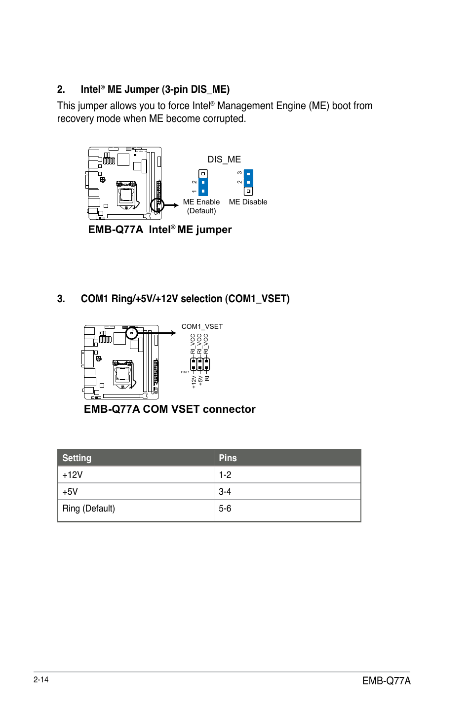 Emb-q77a com vset connector, Emb-q77a, Intel | Emb-q77a intel, Me jumper | AAEON EMB-Q77A User Manual | Page 22 / 62