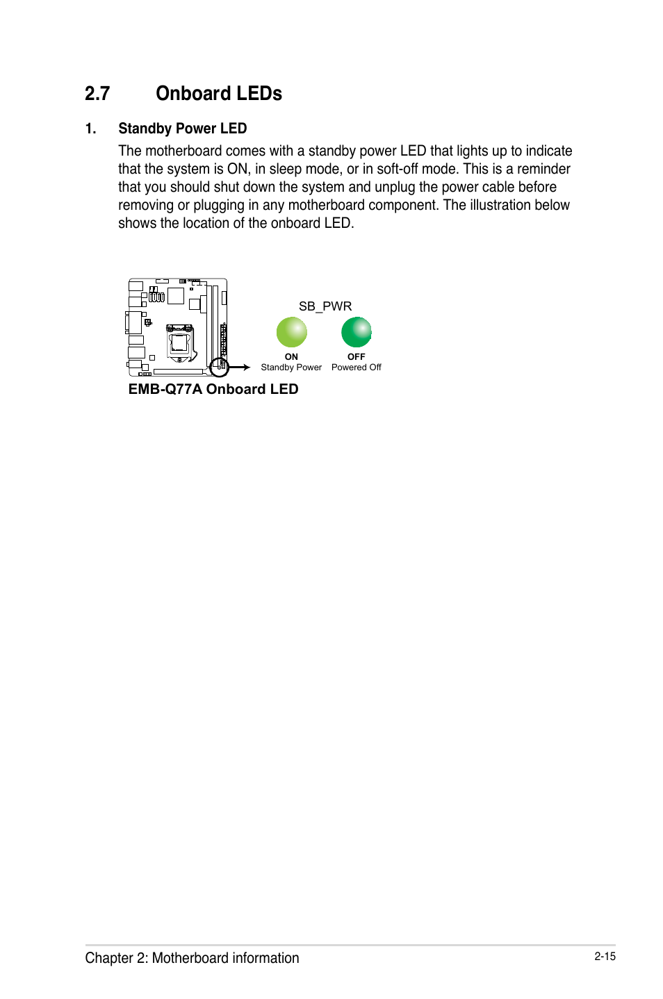 7 onboard leds, Onboard leds -15 | AAEON EMB-Q77A User Manual | Page 23 / 62