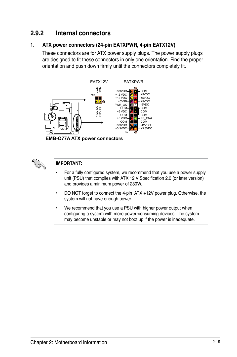2 internal connectors, Internal connectors -19, Chapter 2: motherboard information | Emb-q77a atx power connectors | AAEON EMB-Q77A User Manual | Page 27 / 62