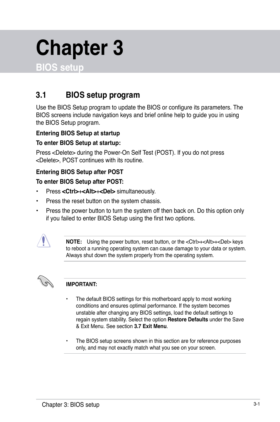 Chapter 3, Bios setup, 1 bios setup program | Bios setup program -1 | AAEON EMB-Q77A User Manual | Page 37 / 62