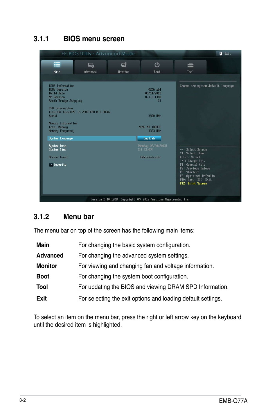 1 bios menu screen, 2 menu bar, Bios menu screen -2 | Menu bar -2 | AAEON EMB-Q77A User Manual | Page 38 / 62