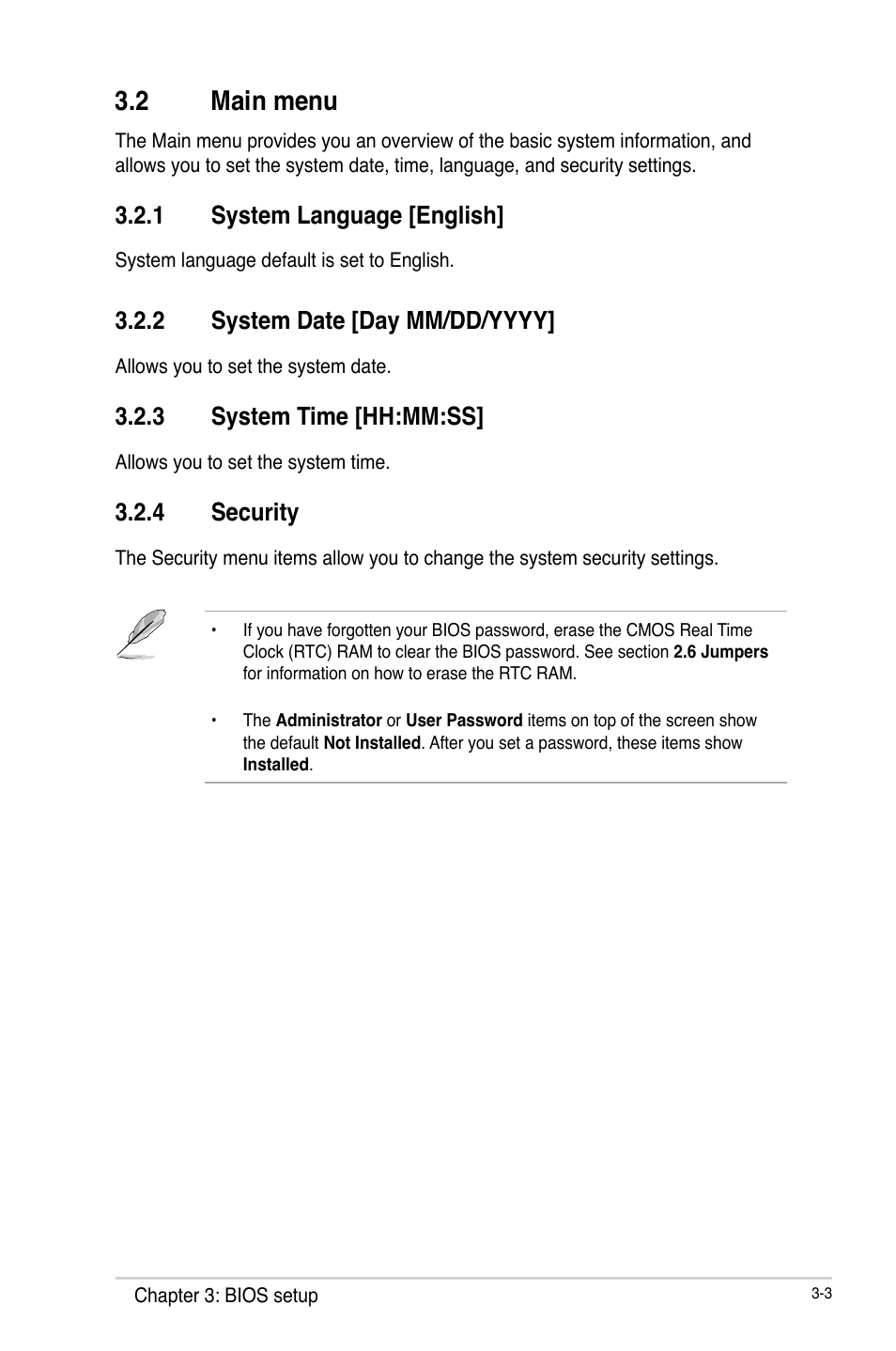 2 main menu, 1 system language [english, 2 system date [day mm/dd/yyyy | 3 system time [hh:mm:ss, 4 security, Main menu -3 3.2.1, System language [english] -3, System date [day mm/dd/yyyy] -3, System time [hh:mm:ss] -3, Security -3 | AAEON EMB-Q77A User Manual | Page 39 / 62