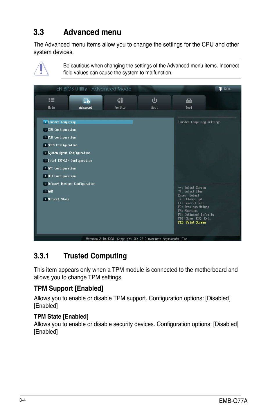 3 advanced menu, 1 trusted computing, Advanced menu -4 3.3.1 | Trusted computing -4 | AAEON EMB-Q77A User Manual | Page 40 / 62