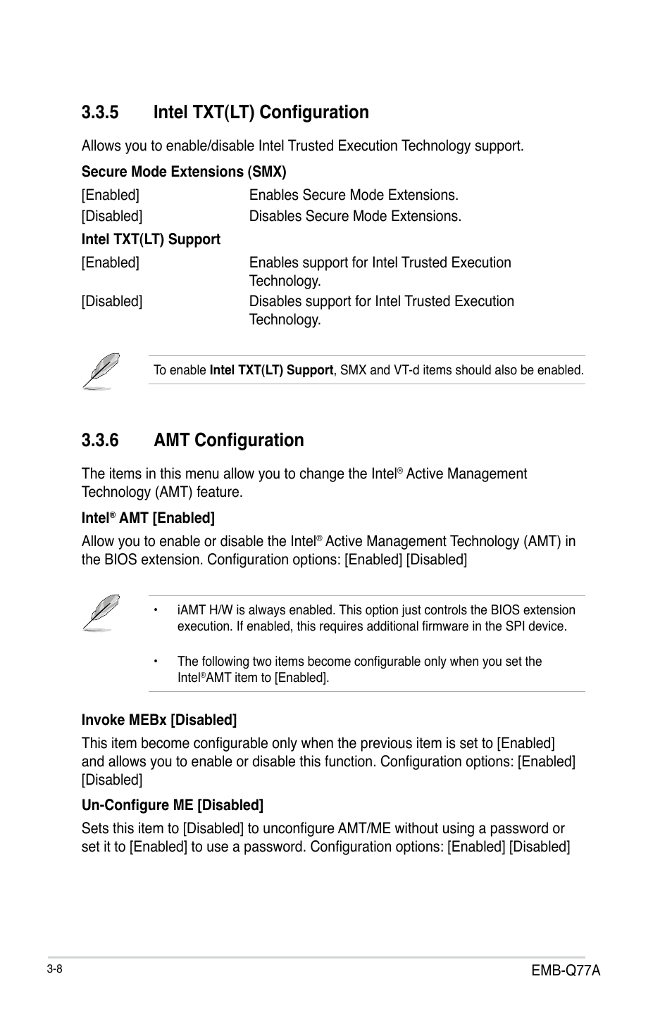 5 intel txt(lt) configuration, 6 amt configuration, Intel txt(lt) configuration -8 | Amt configuration -8 | AAEON EMB-Q77A User Manual | Page 44 / 62