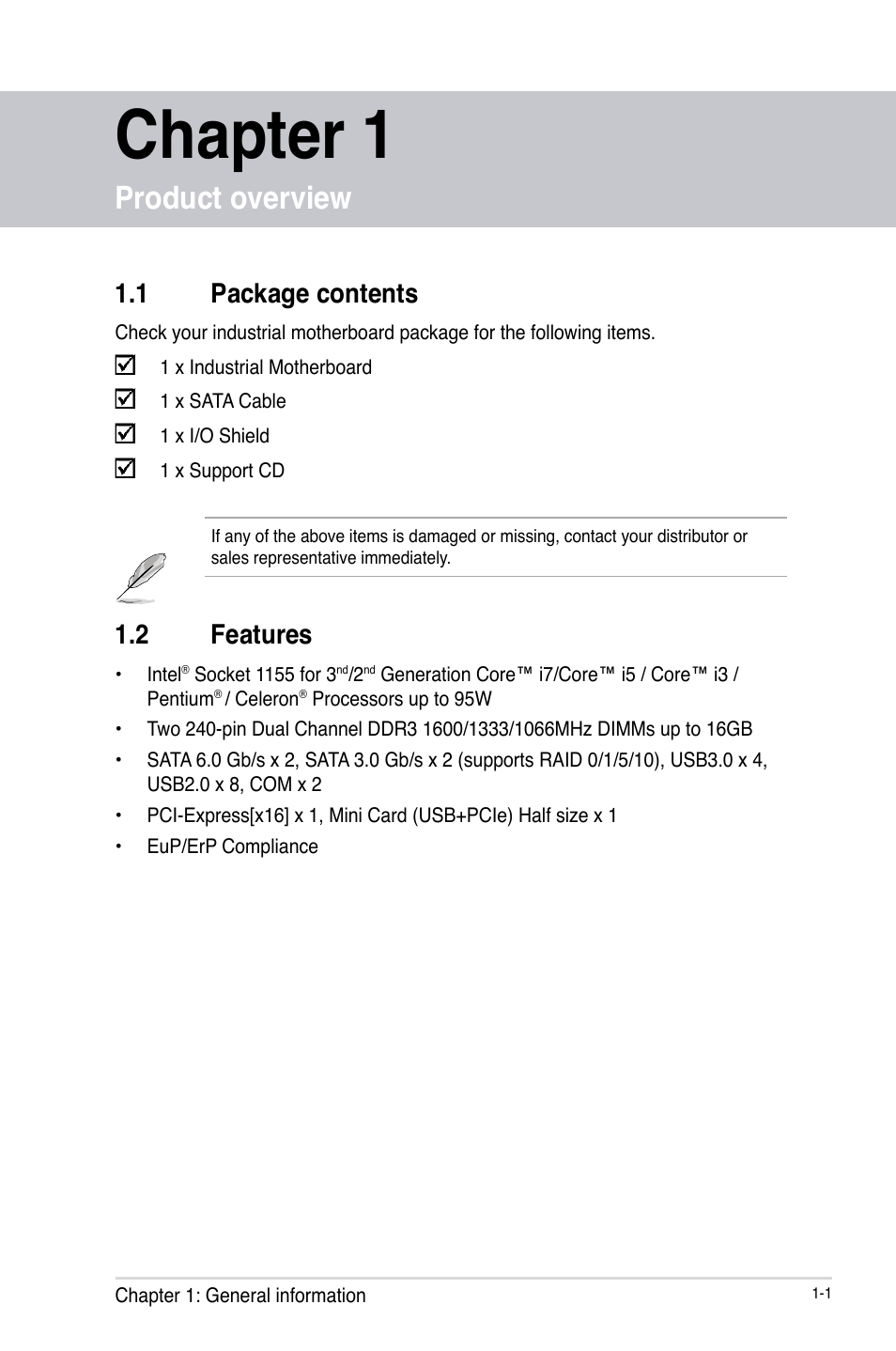 Chapter 1, Product overview, 1 package contents | 2 features, Package contents -1, Features -1 | AAEON EMB-Q77A User Manual | Page 5 / 62