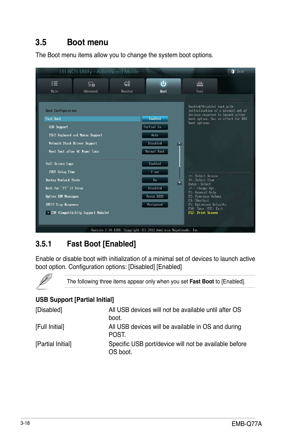 5 boot menu, 1 fast boot [enabled, Boot menu -18 3.5.1 | Fast boot [enabled] -18 | AAEON EMB-Q77A User Manual | Page 54 / 62
