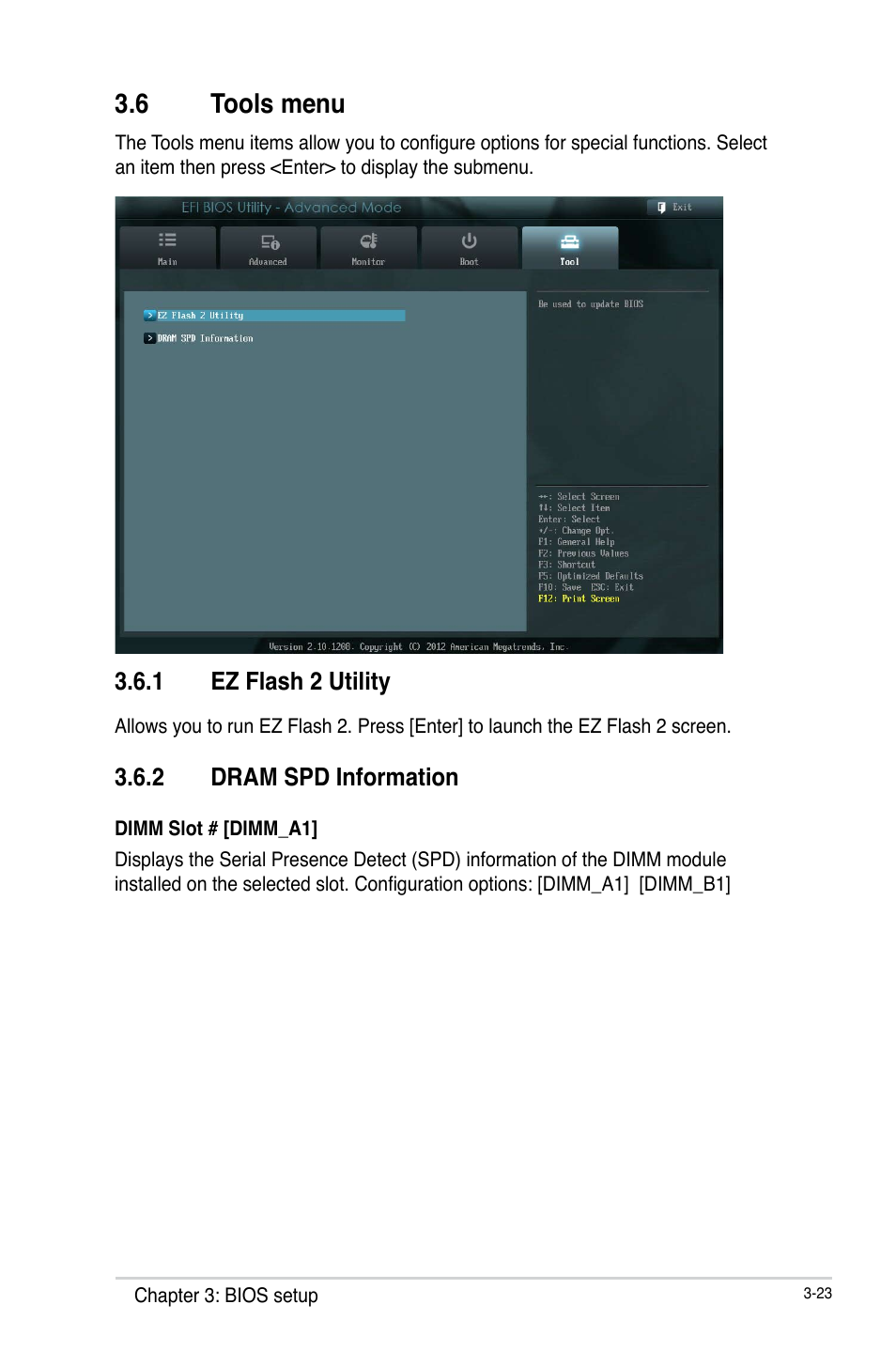 6 tools menu, 1 ez flash 2 utility, 2 dram spd information | Tools menu -23 3.6.1, Ez flash 2 utility -23, Dram spd information -23 | AAEON EMB-Q77A User Manual | Page 59 / 62