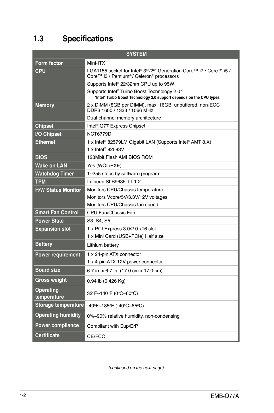 3 specifications, Specifications -2, Emb-q77a | AAEON EMB-Q77A User Manual | Page 6 / 62