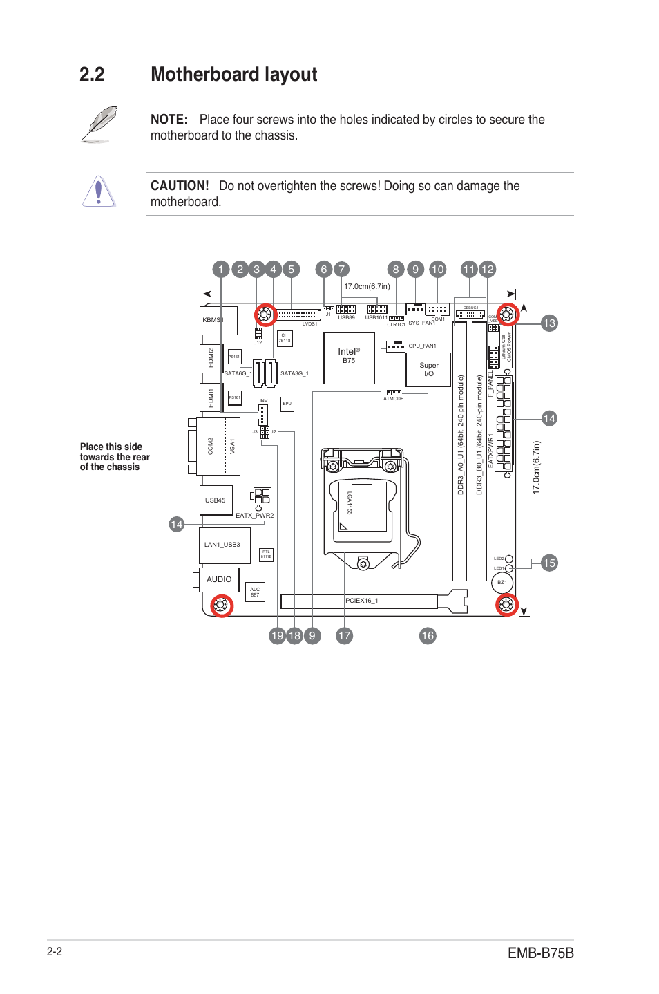 2 motherboard layout, Motherboard layout -2, Emb-b75b | Place this side towards the rear of the chassis | AAEON EMB-B75B User Manual | Page 10 / 50