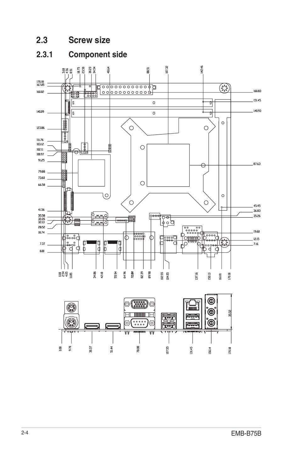 3 screw size, 1 component side, Screw size -4 2.3.1 | Component side -4 | AAEON EMB-B75B User Manual | Page 12 / 50