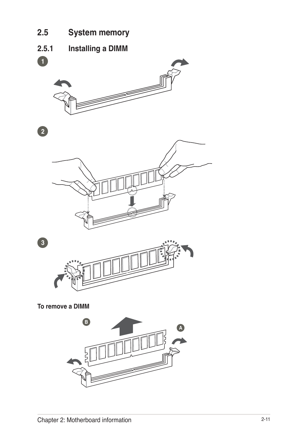 5 system memory, 1 installing a dimm, System memory -11 2.5.1 | Installing a dimm -11 | AAEON EMB-B75B User Manual | Page 19 / 50
