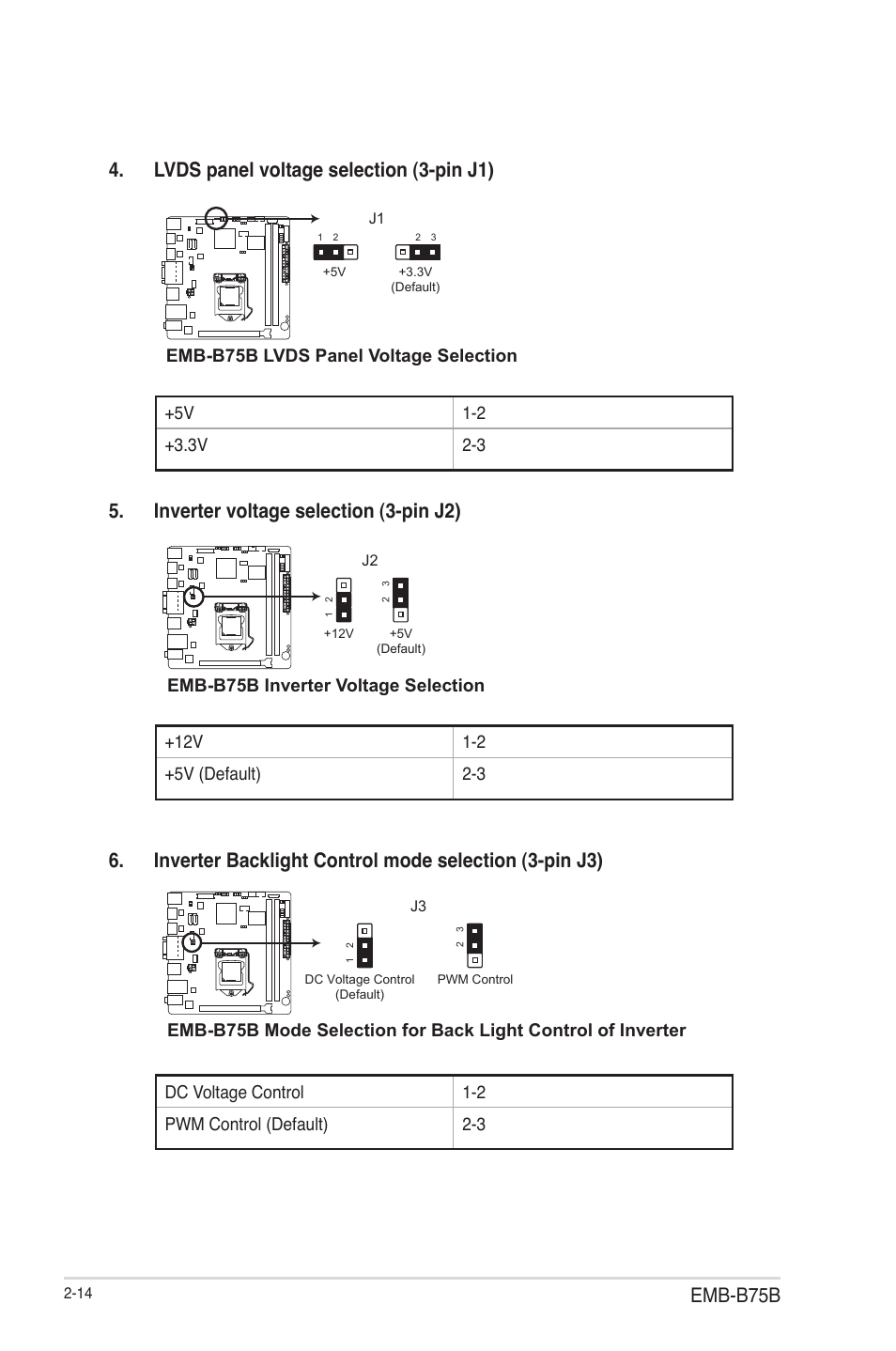 Emb-b75b, Lvds panel voltage selection (3-pin j1), Inverter voltage selection (3-pin j2) | Emb-b75b lvds panel voltage selection | AAEON EMB-B75B User Manual | Page 22 / 50