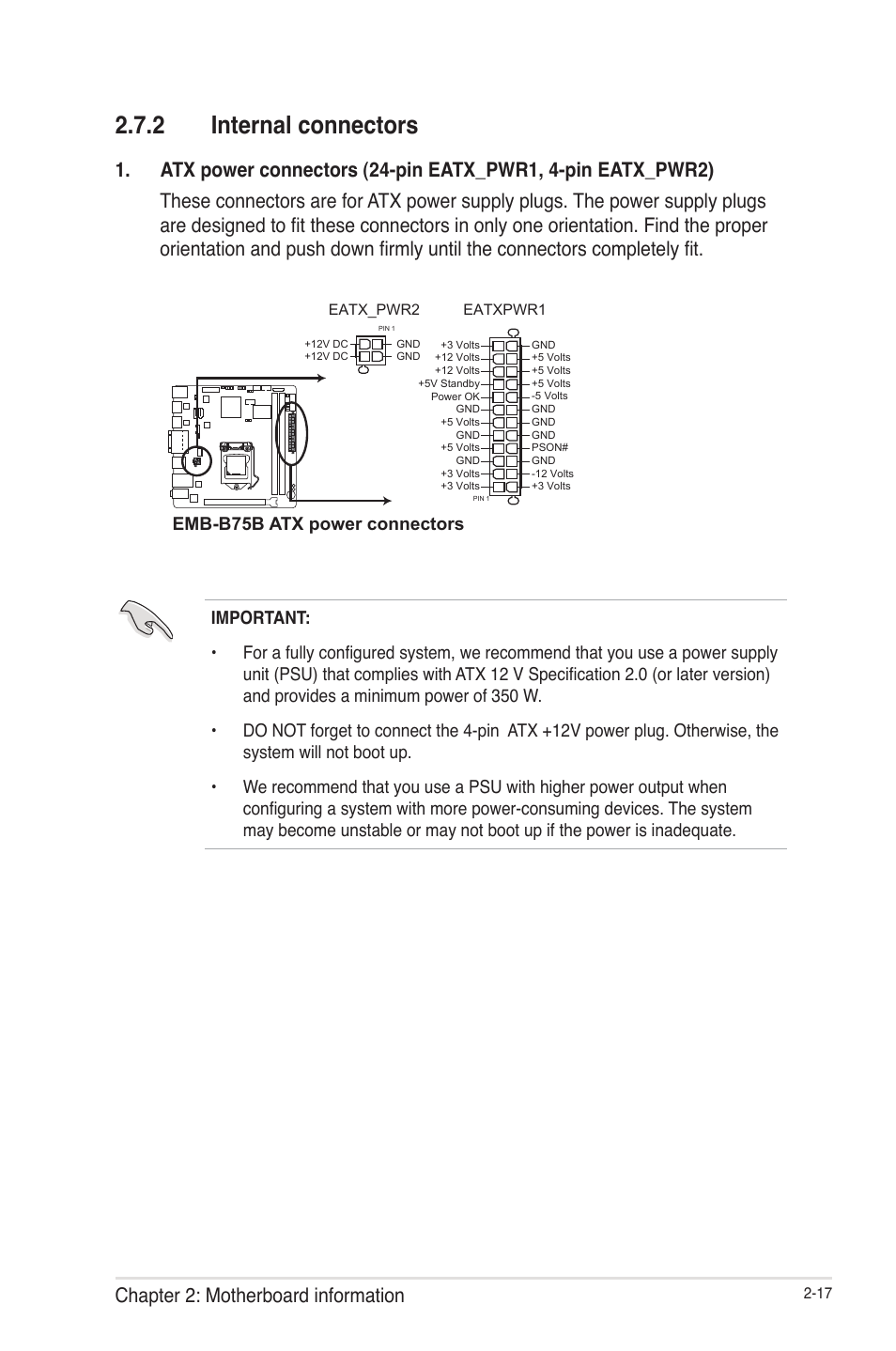 2 internal connectors, Internal connectors -17, Chapter 2: motherboard information | Emb-b75b atx power connectors | AAEON EMB-B75B User Manual | Page 25 / 50