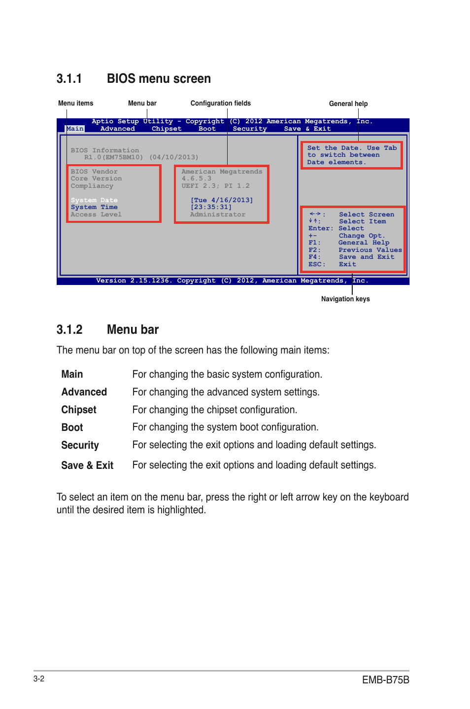 1 bios menu screen, 2 menu bar, Bios menu screen -2 | Menu bar -2, Emb-b75b | AAEON EMB-B75B User Manual | Page 34 / 50