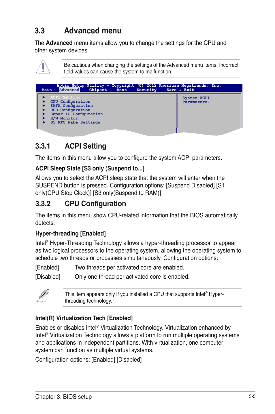 3 advanced menu, 1 acpi setting, 2 cpu configuration | Advanced menu -5 3.3.1, Acpi setting -5, Cpu configuration -5 | AAEON EMB-B75B User Manual | Page 37 / 50