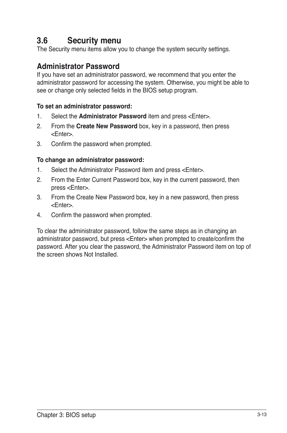 6 security menu, Administrator password, Security menu -13 administrator password -13 | AAEON EMB-B75B User Manual | Page 45 / 50