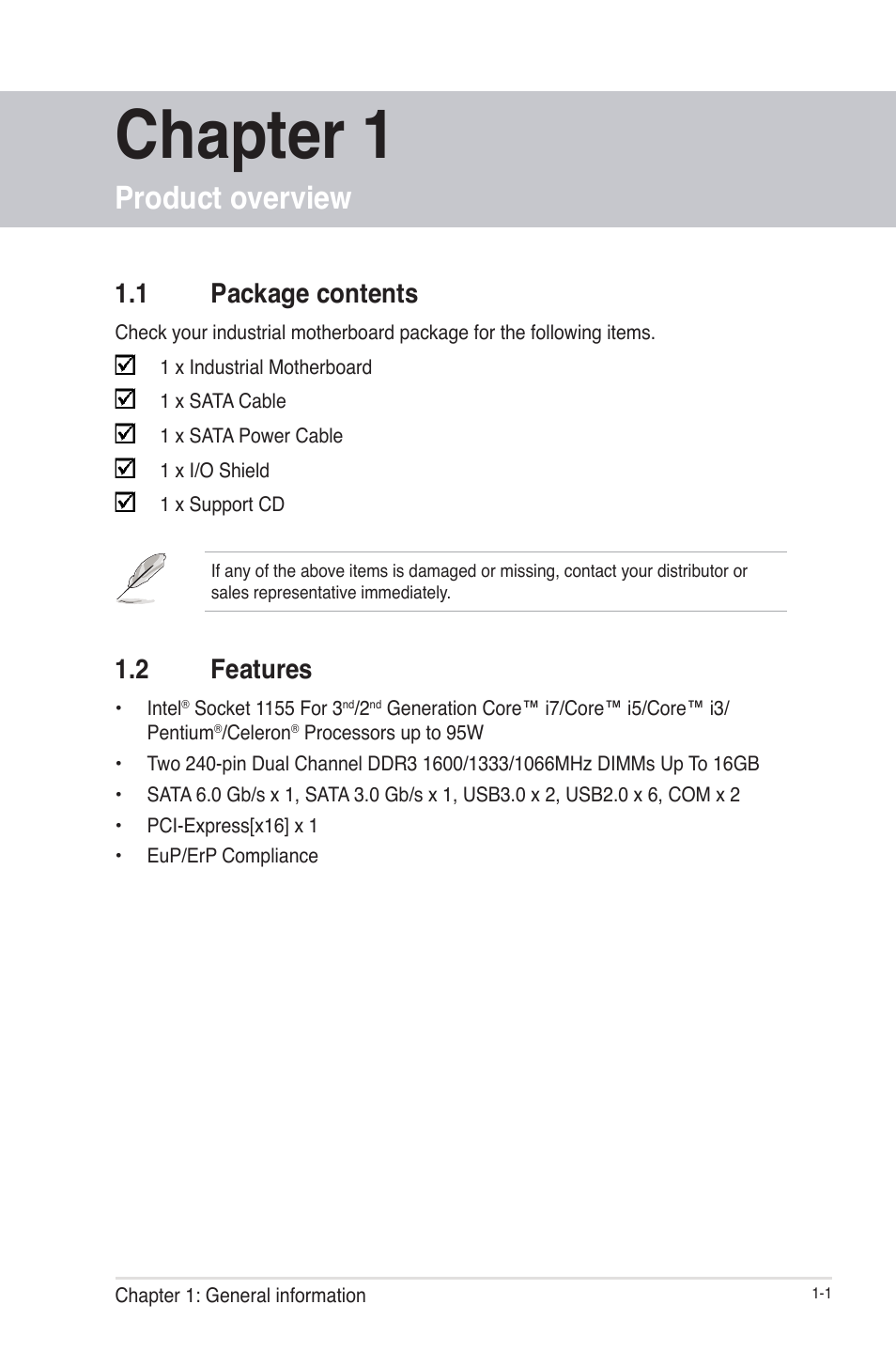 Chapter 1, Product overview, 1 package contents | 2 features, Package contents -1, Features -1 | AAEON EMB-B75B User Manual | Page 5 / 50