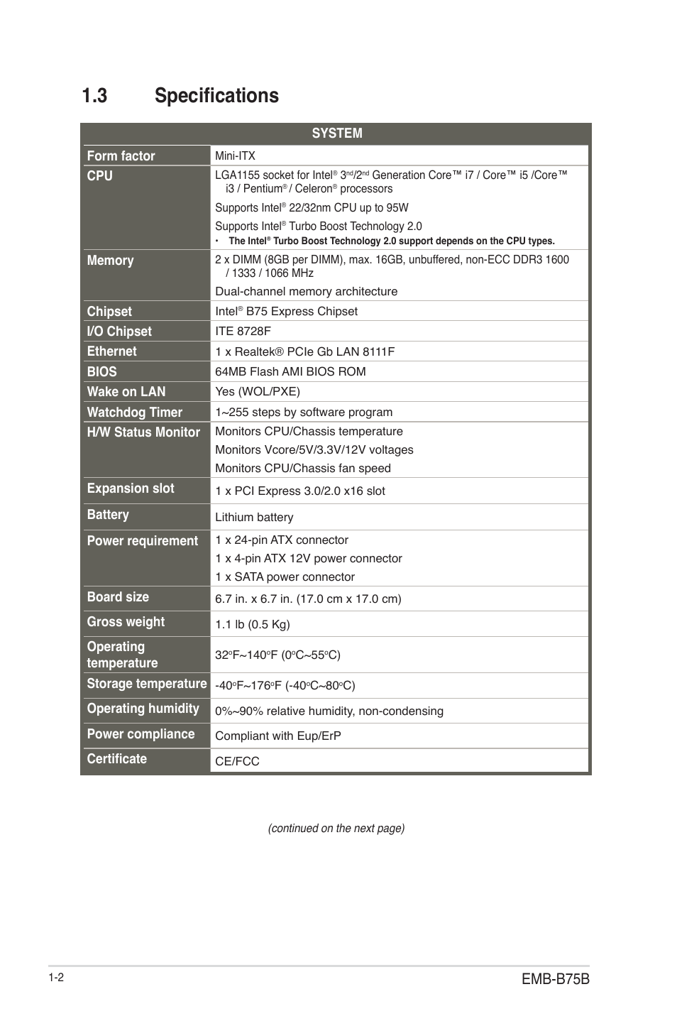 3 specifications, Specifications -2, Emb-b75b | AAEON EMB-B75B User Manual | Page 6 / 50
