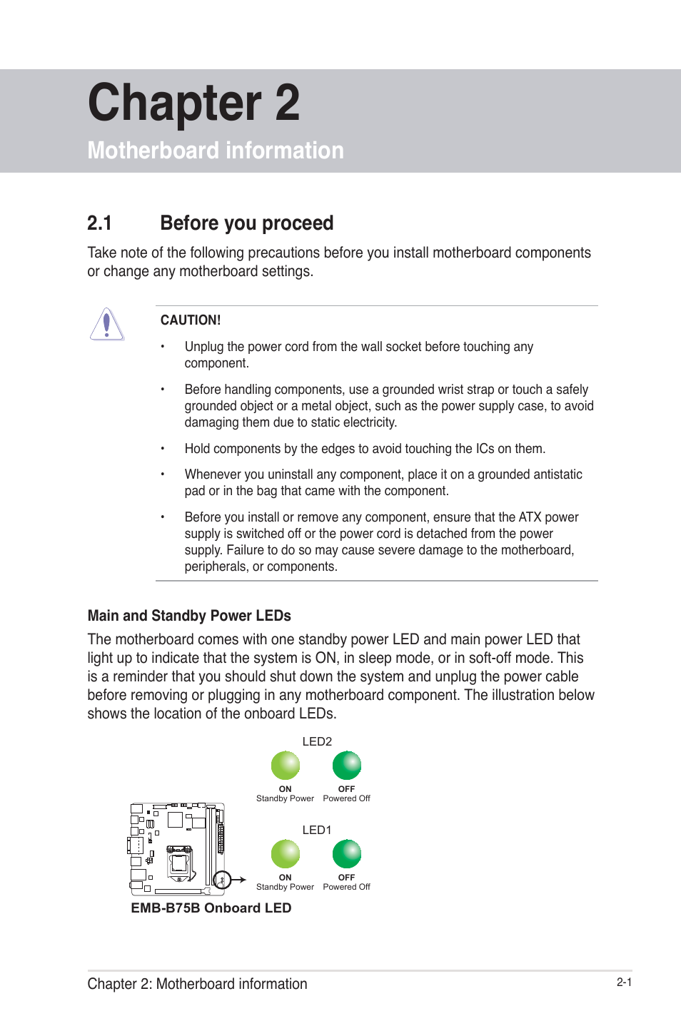 Chapter 2, Motherboard information, 1 before you proceed | Before you proceed -1 | AAEON EMB-B75B User Manual | Page 9 / 50