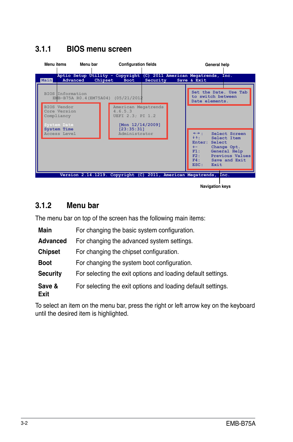 2 menu bar, 1 bios menu screen, Emb-b75a | AAEON EMB-B75A User Manual | Page 34 / 48