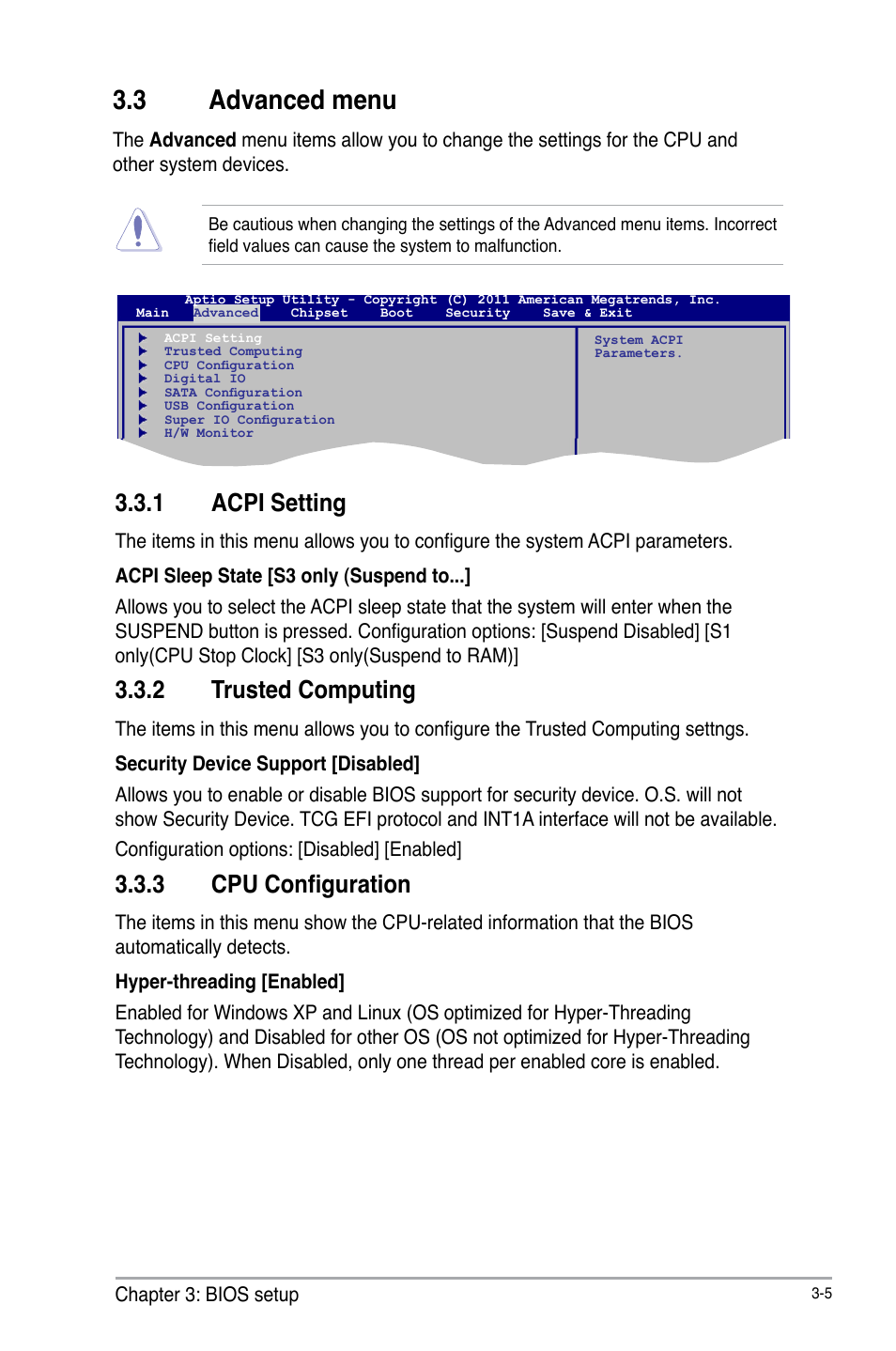 3 advanced menu, 1 acpi setting, 2 trusted computing | 3 cpu configuration | AAEON EMB-B75A User Manual | Page 37 / 48