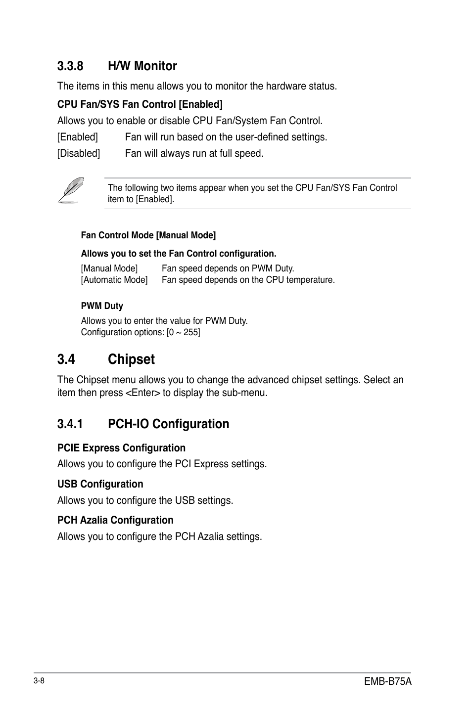 4 chipset, 8 h/w monitor, 1 pch-io configuration | AAEON EMB-B75A User Manual | Page 40 / 48