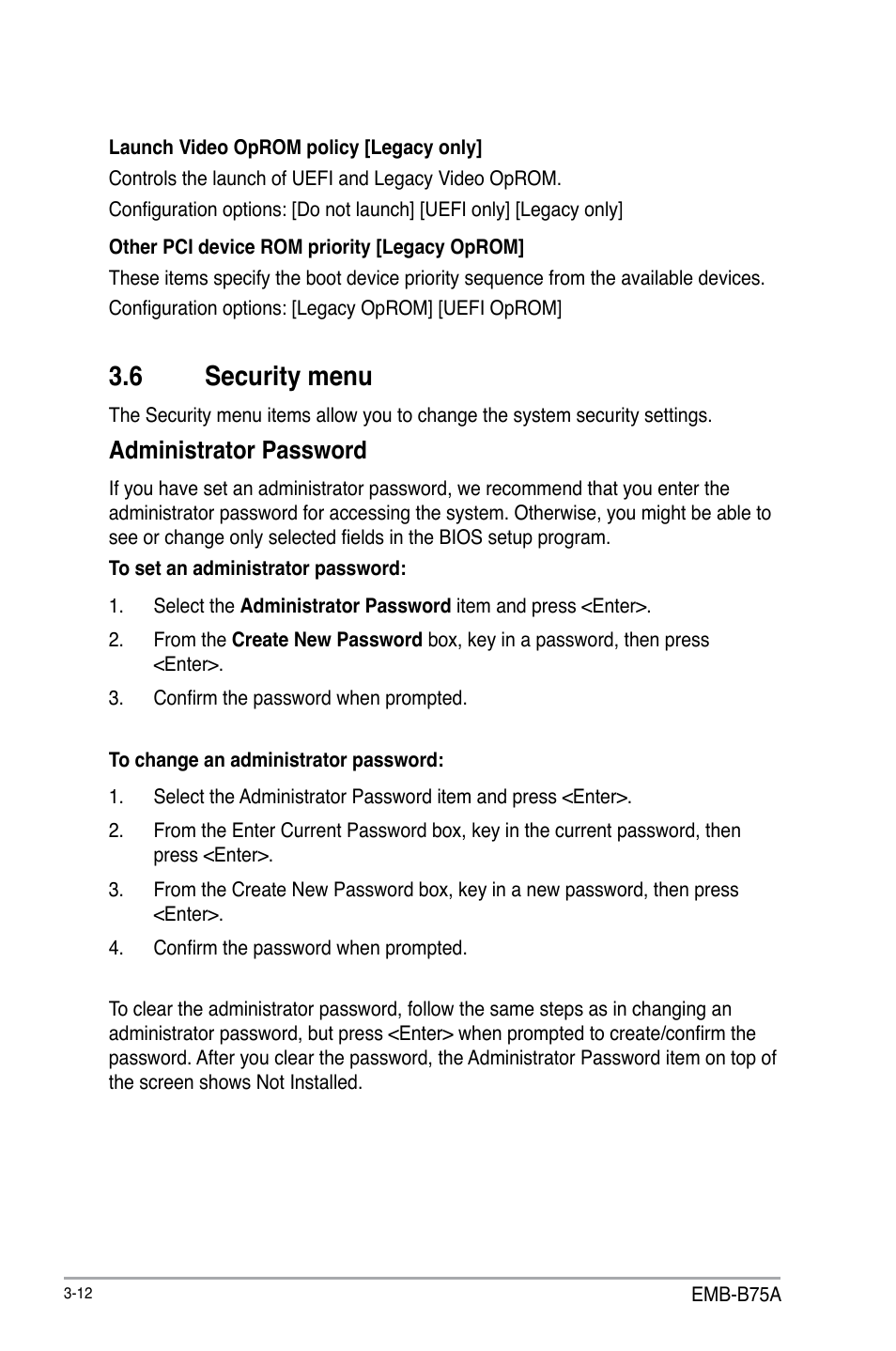 6 security menu, Administrator password | AAEON EMB-B75A User Manual | Page 44 / 48
