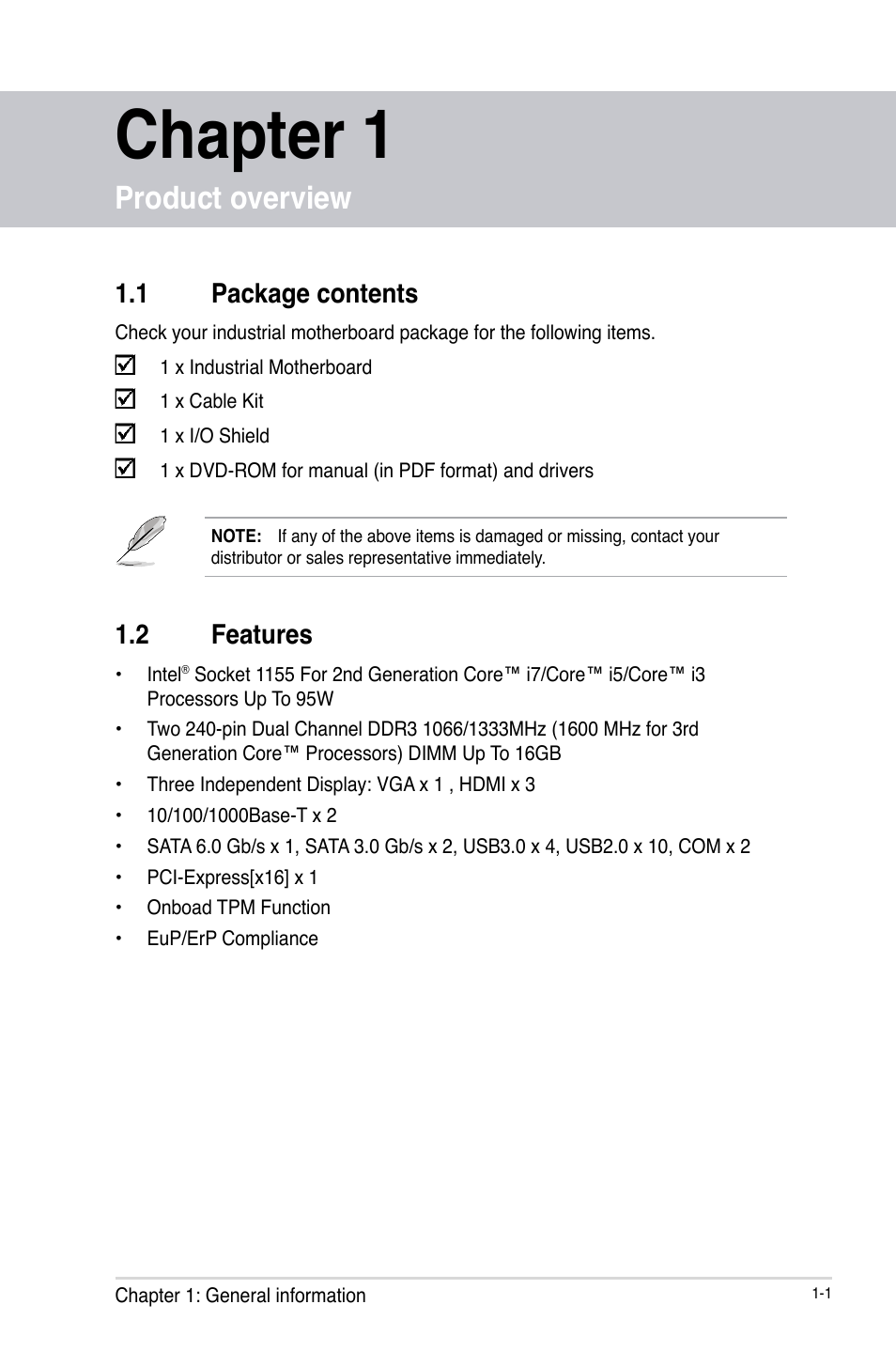 Chapter 1, Product overview | AAEON EMB-B75A User Manual | Page 5 / 48