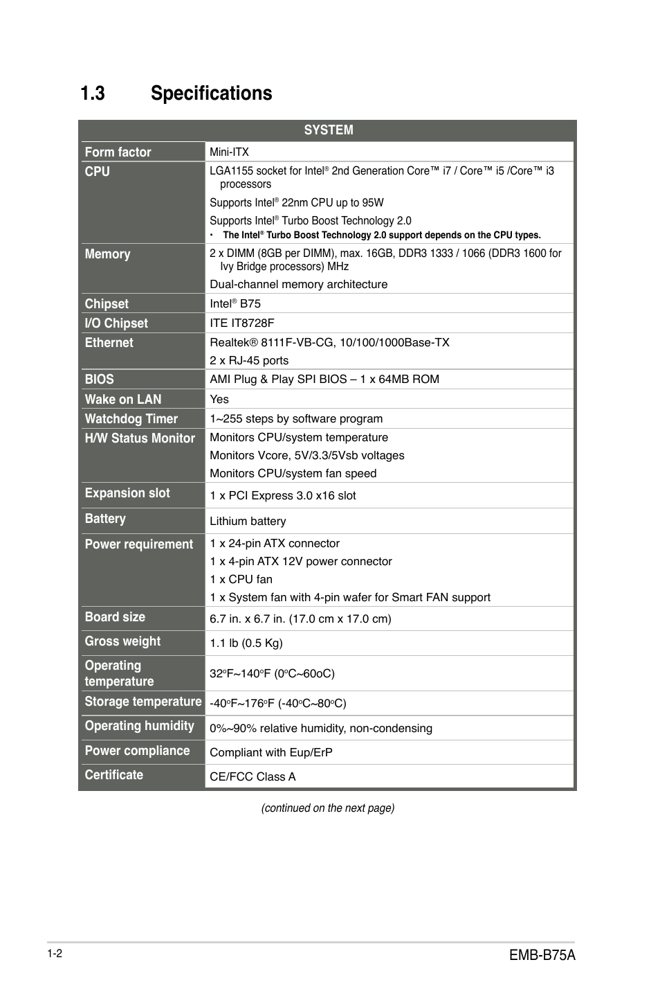 3 specifications, Emb-b75a | AAEON EMB-B75A User Manual | Page 6 / 48