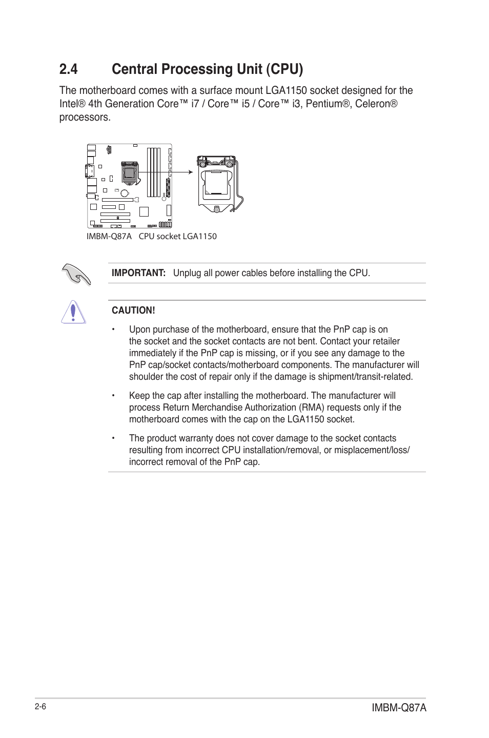 4 central processing unit (cpu), Central processing unit (cpu) -6 | AAEON IMBM-Q87A User Manual | Page 14 / 48