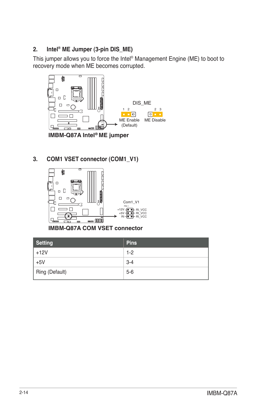 Imbm-q87a, Intel, Com1 vset connector (com1_v1) | Imbm-q87a intel, Me jumper, Imbm-q87a com vset connector | AAEON IMBM-Q87A User Manual | Page 22 / 48