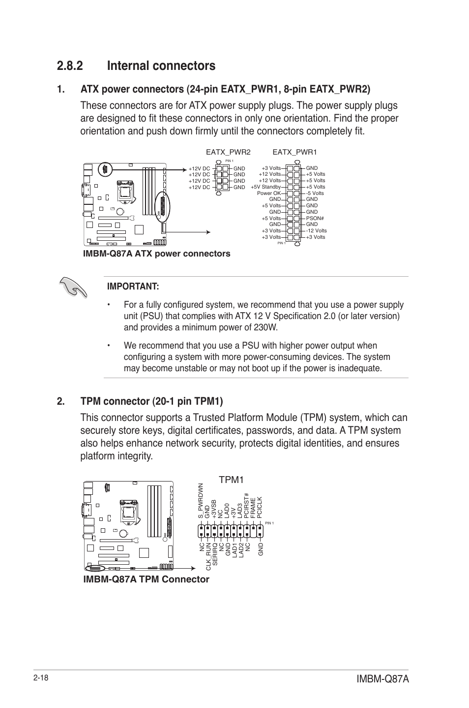 2 internal connectors, Internal connectors -18, Imbm-q87a | Tpm1, Imbm-q87a tpm connector | AAEON IMBM-Q87A User Manual | Page 26 / 48