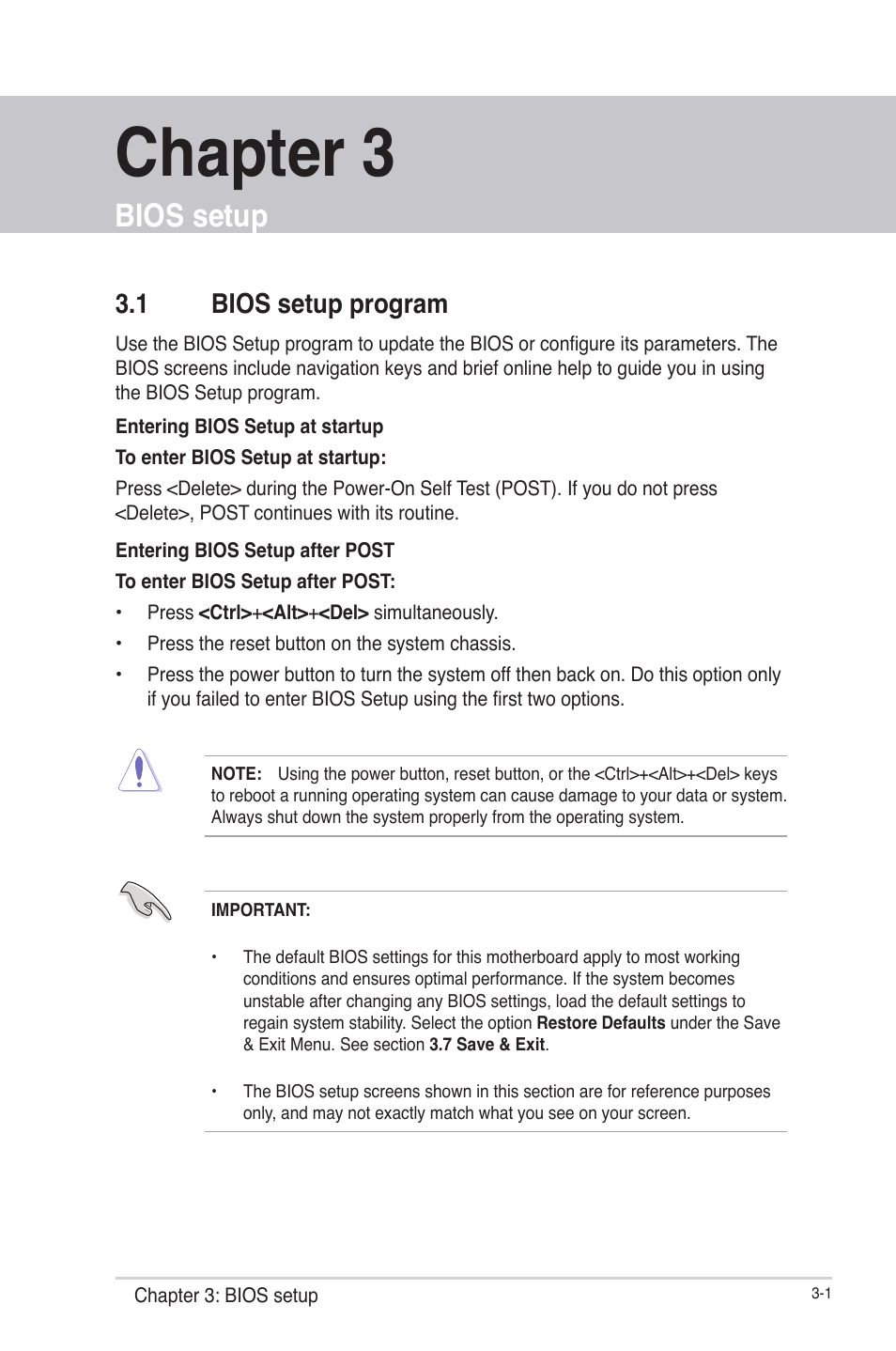 Chapter 3, Bios setup, 1 bios setup program | Chapter 3 bios setup, Bios setup program -1 | AAEON IMBM-Q87A User Manual | Page 31 / 48