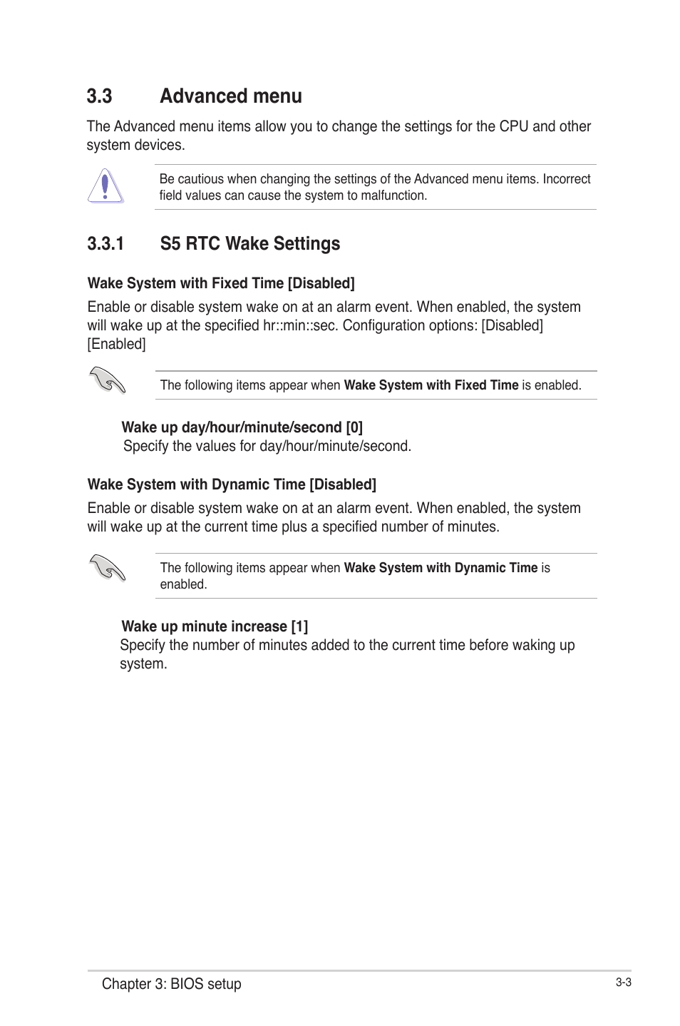 3 advanced menu, 1 s5 rtc wake settings, Advanced menu -3 3.3.1 | S5 rtc wake settings -3 | AAEON IMBM-Q87A User Manual | Page 33 / 48
