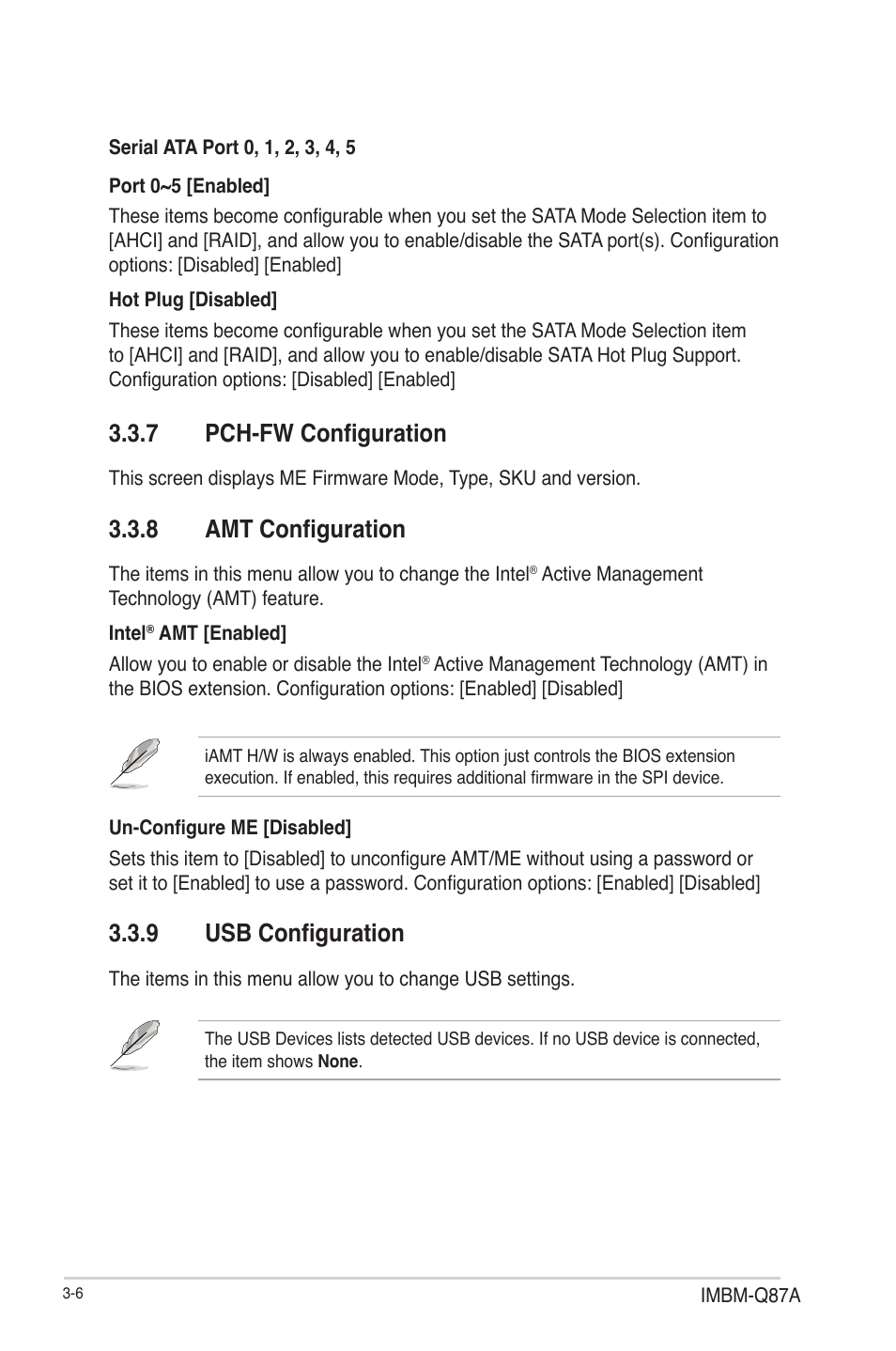 7 pch-fw configuration, 8 amt configuration, 9 usb configuration | Pch-fw configuration -6, Amt configuration -6, Usb configuration -6 | AAEON IMBM-Q87A User Manual | Page 36 / 48