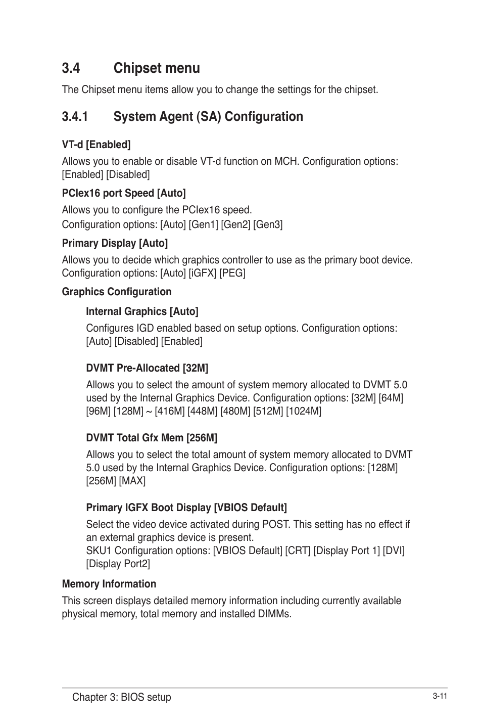 4 chipset menu, 1 system agent (sa) configuration, Chipset menu -11 3.4.1 | System agent (sa) configuration -11 | AAEON IMBM-Q87A User Manual | Page 41 / 48